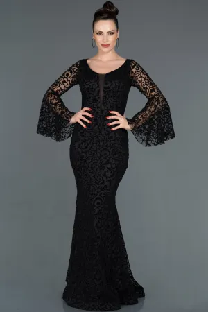 15996 Black Spanish Sleeve Embroidered Tulle Dress