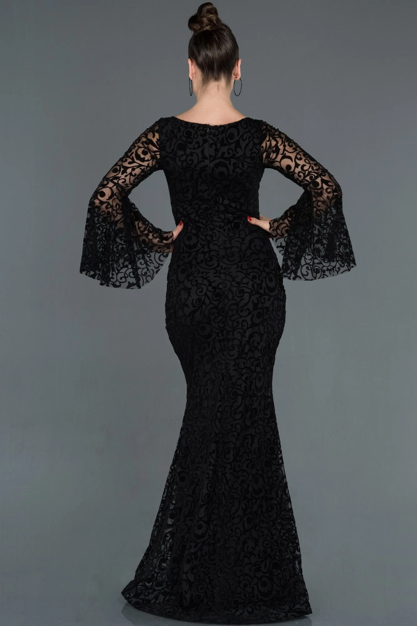 15996 Black Spanish Sleeve Embroidered Tulle Dress