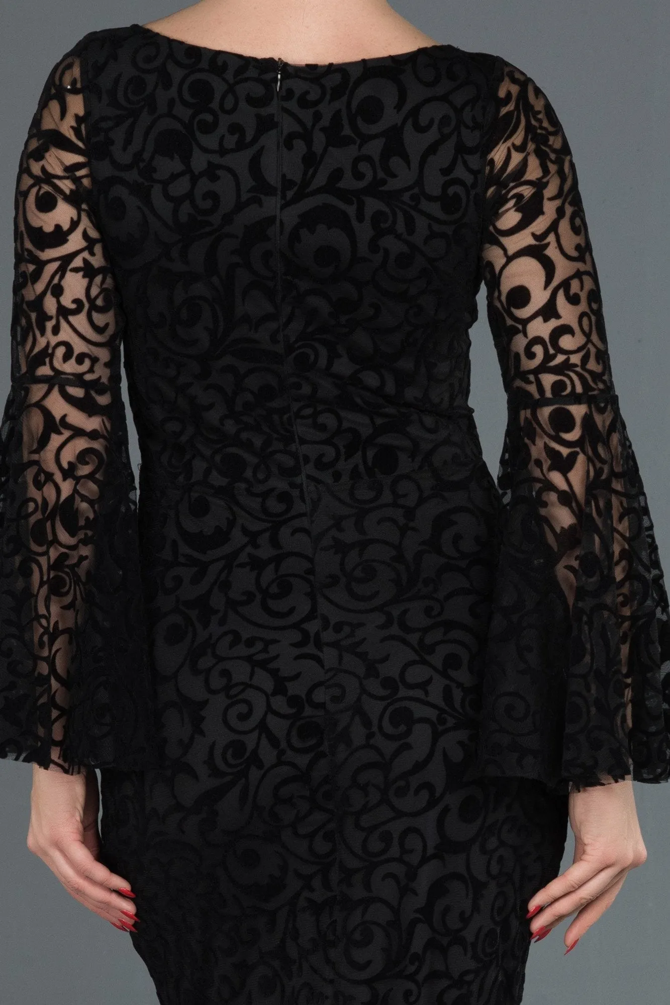 15996 Black Spanish Sleeve Embroidered Tulle Dress