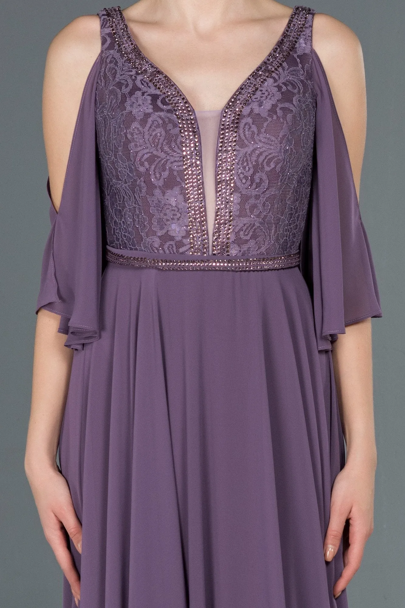 16682 Lilac Stone Embroidered Lace Chiffon Dress