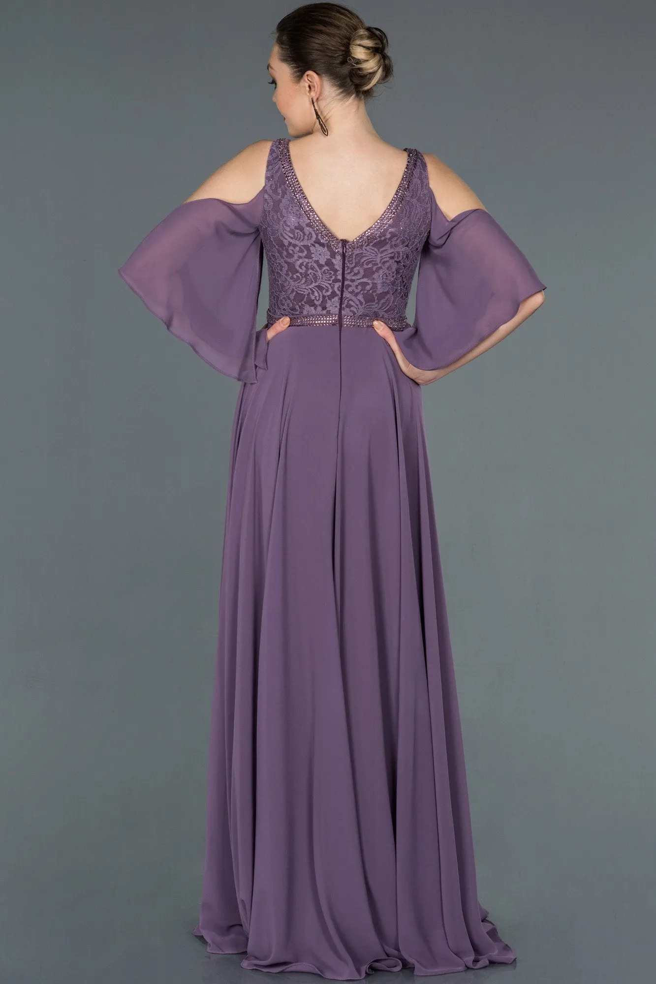 16682 Lilac Stone Embroidered Lace Chiffon Dress