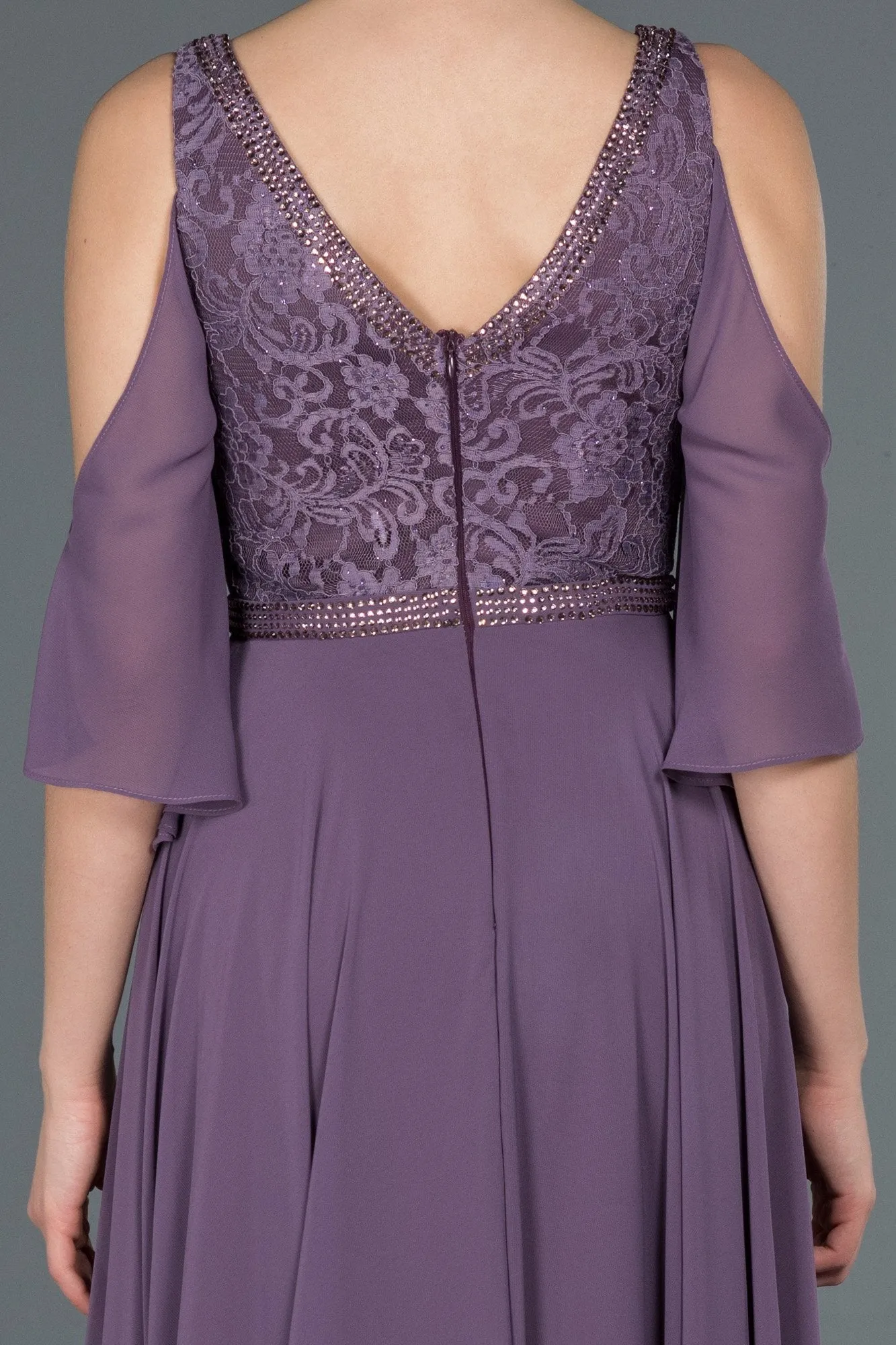 16682 Lilac Stone Embroidered Lace Chiffon Dress