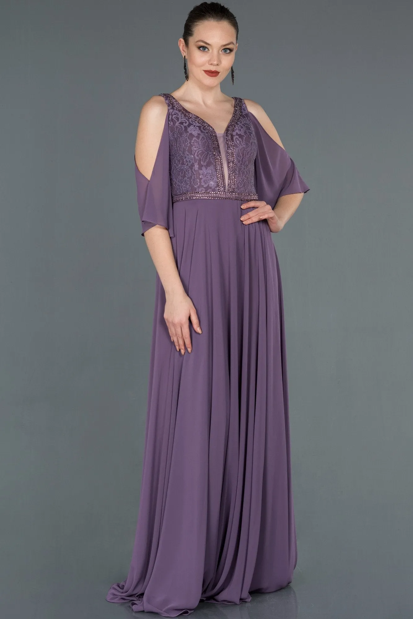 16682 Lilac Stone Embroidered Lace Chiffon Dress