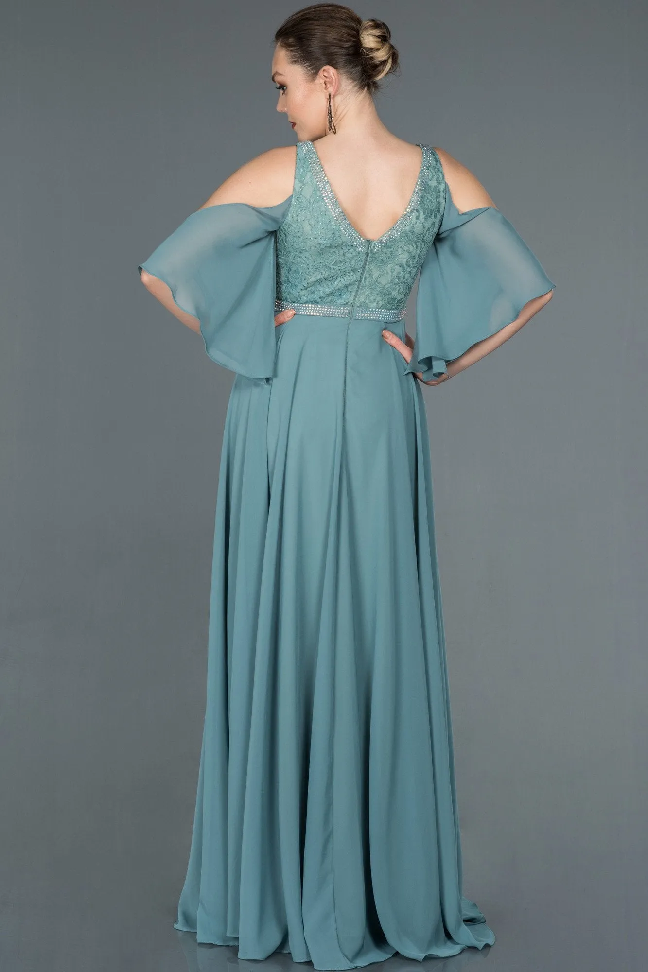 16683 Mint Stone Embroidered Lace Chiffon Dress