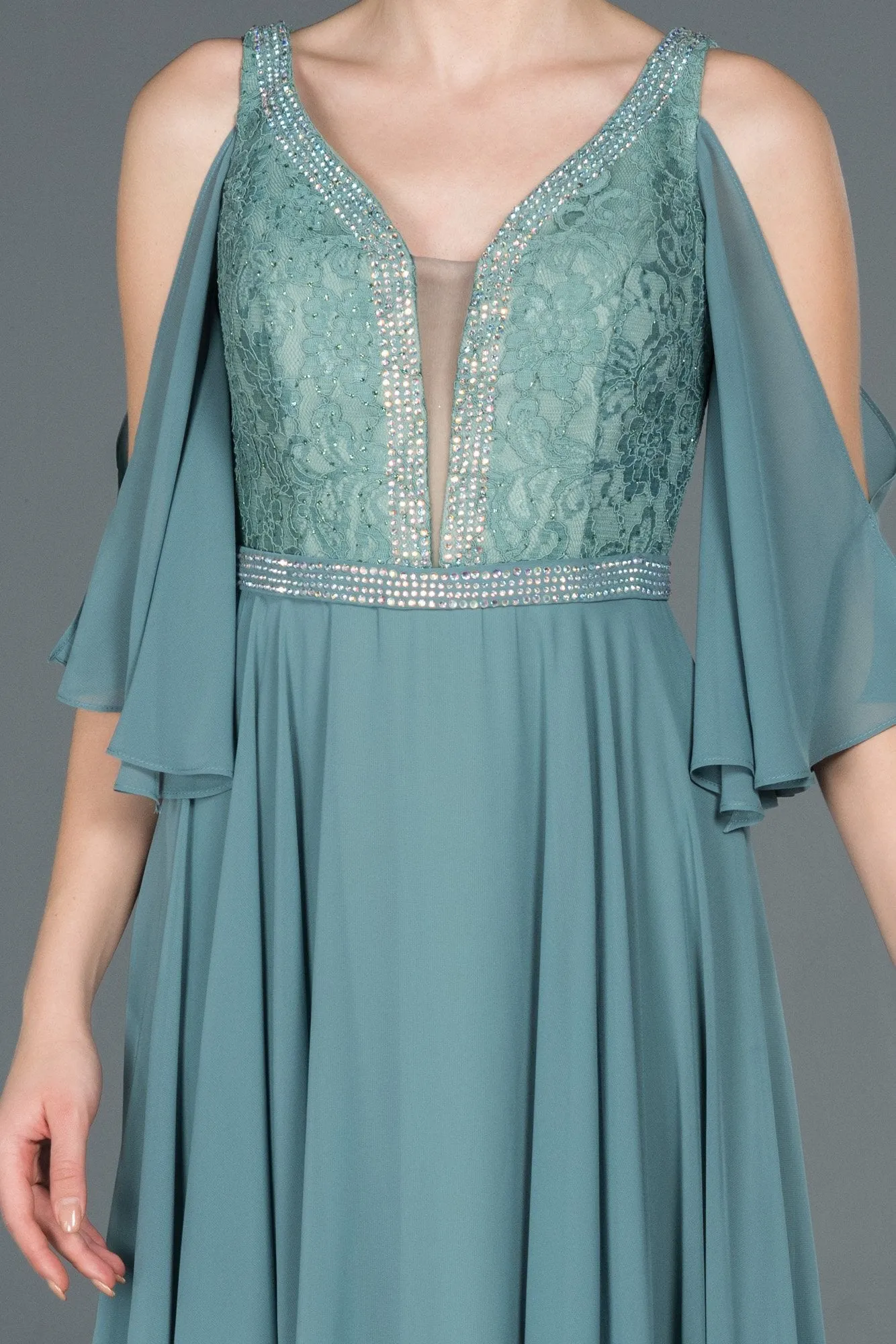 16683 Mint Stone Embroidered Lace Chiffon Dress