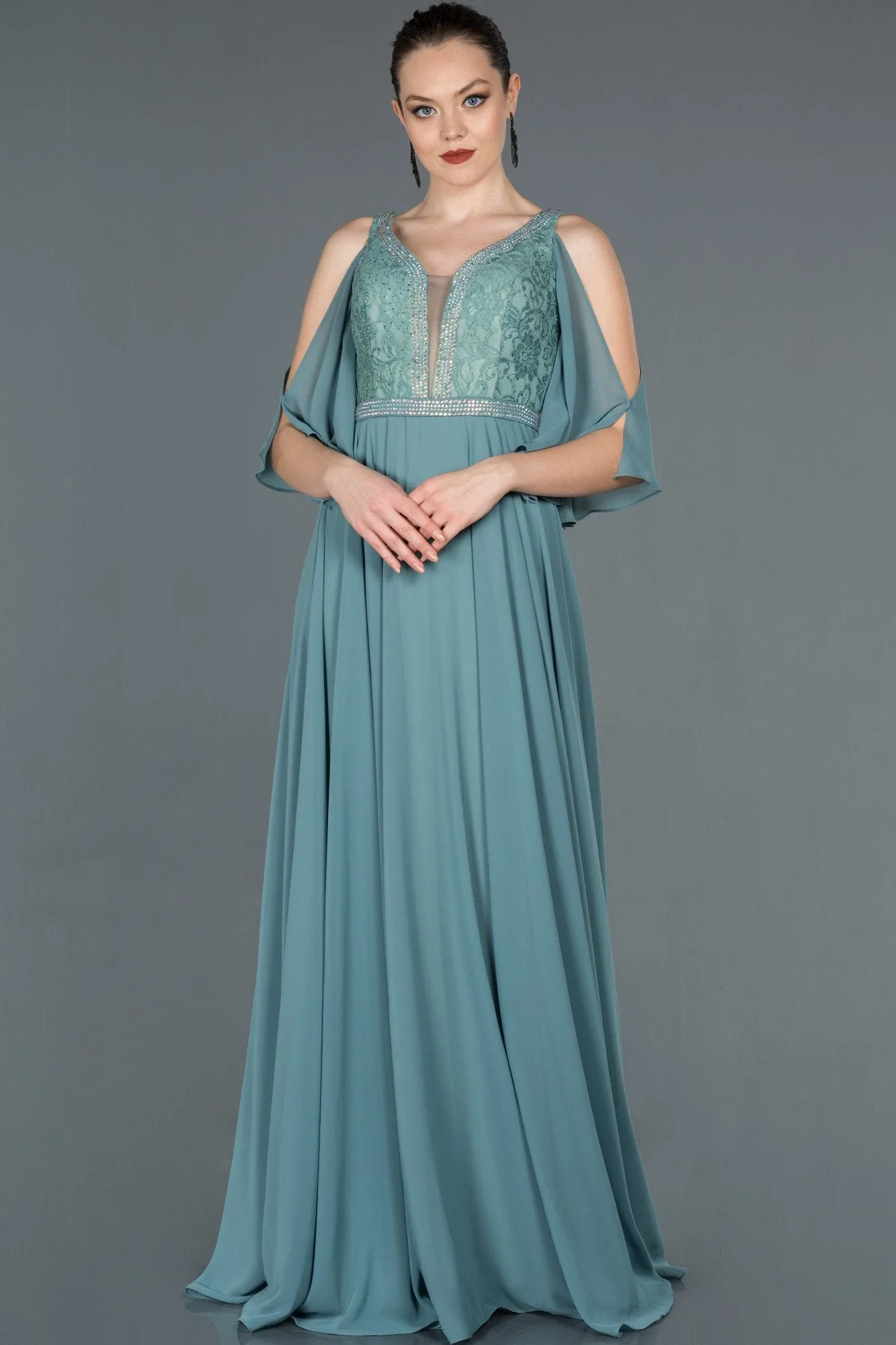 16683 Mint Stone Embroidered Lace Chiffon Dress