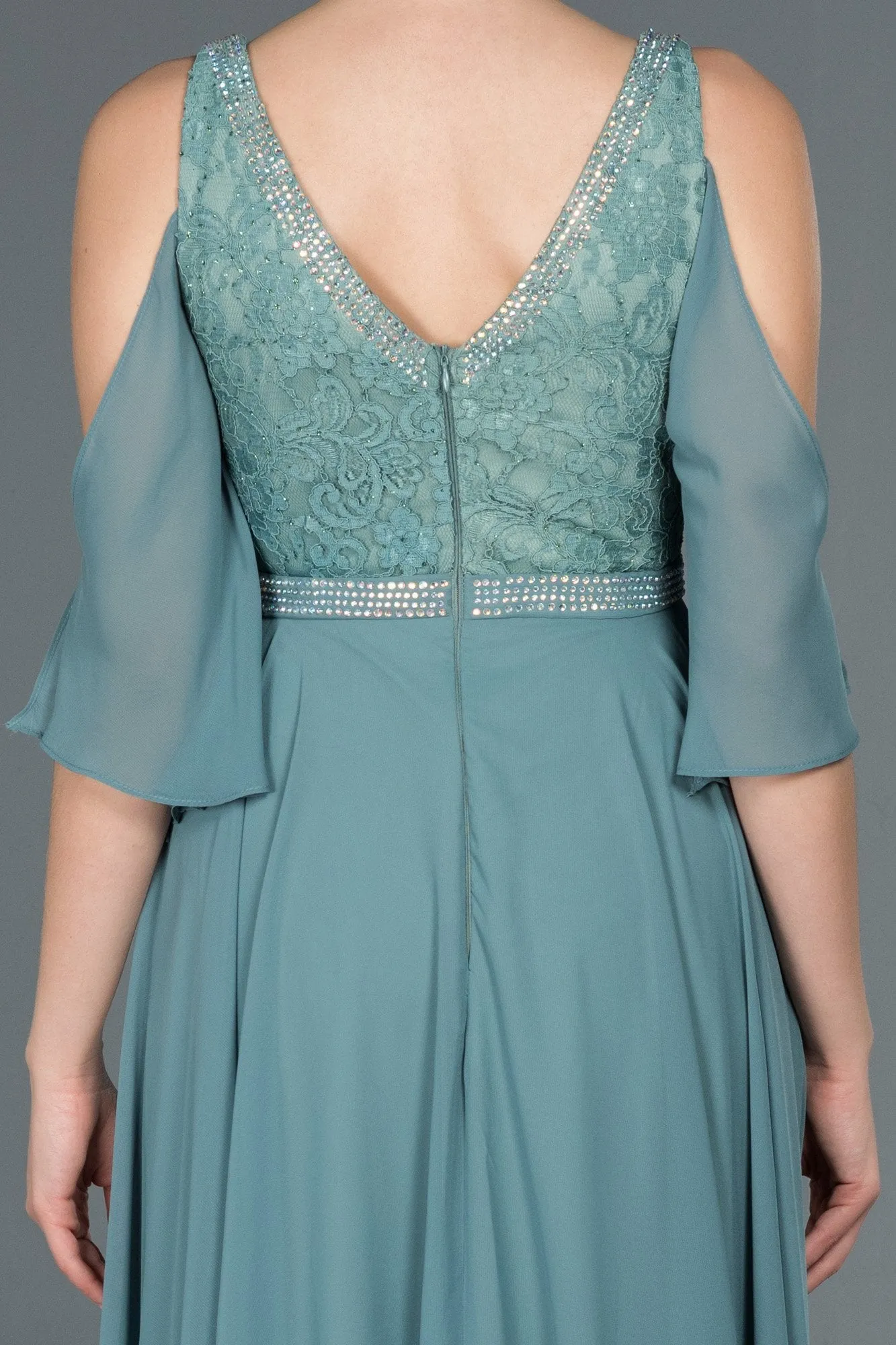 16683 Mint Stone Embroidered Lace Chiffon Dress