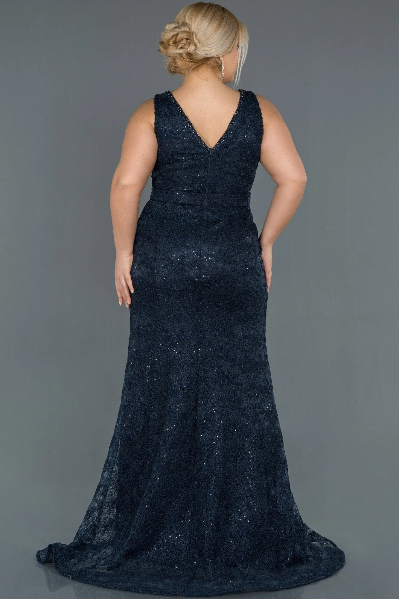 16732 Navy Blue Shimmer Belt Lace Dress