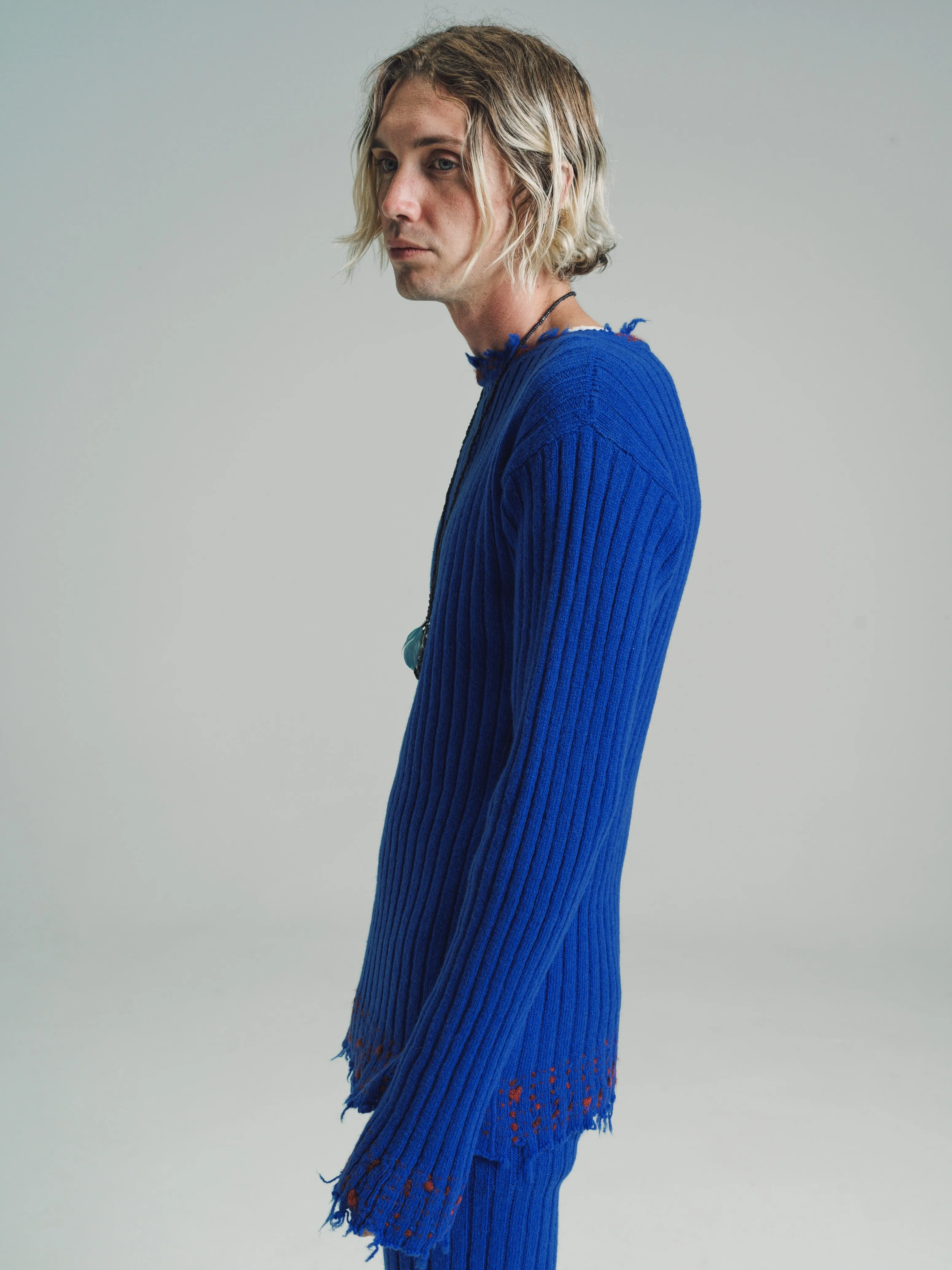 Astral Blue Wool Soft Ribbed Mending Sweater