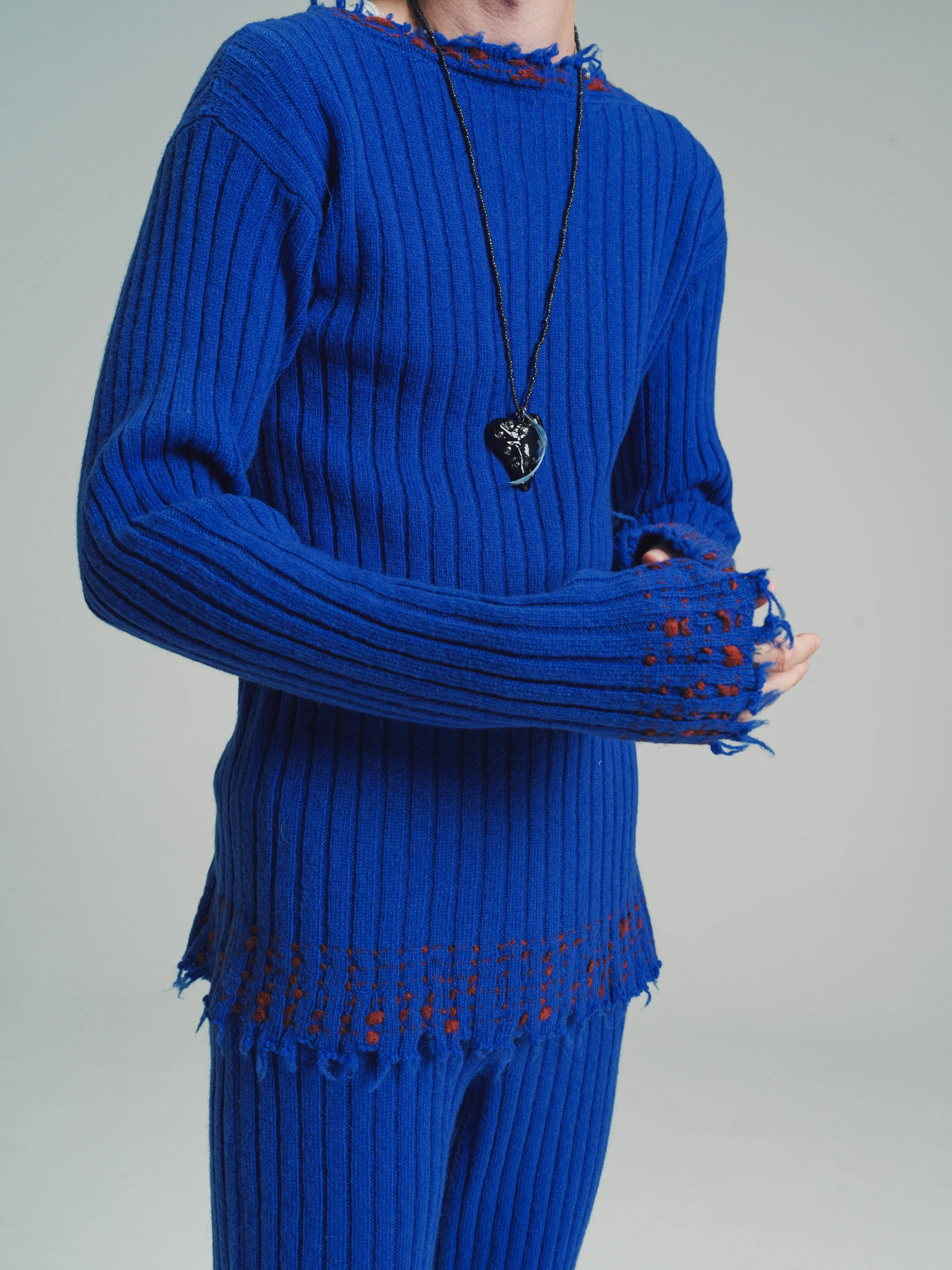 Astral Blue Wool Soft Ribbed Mending Sweater