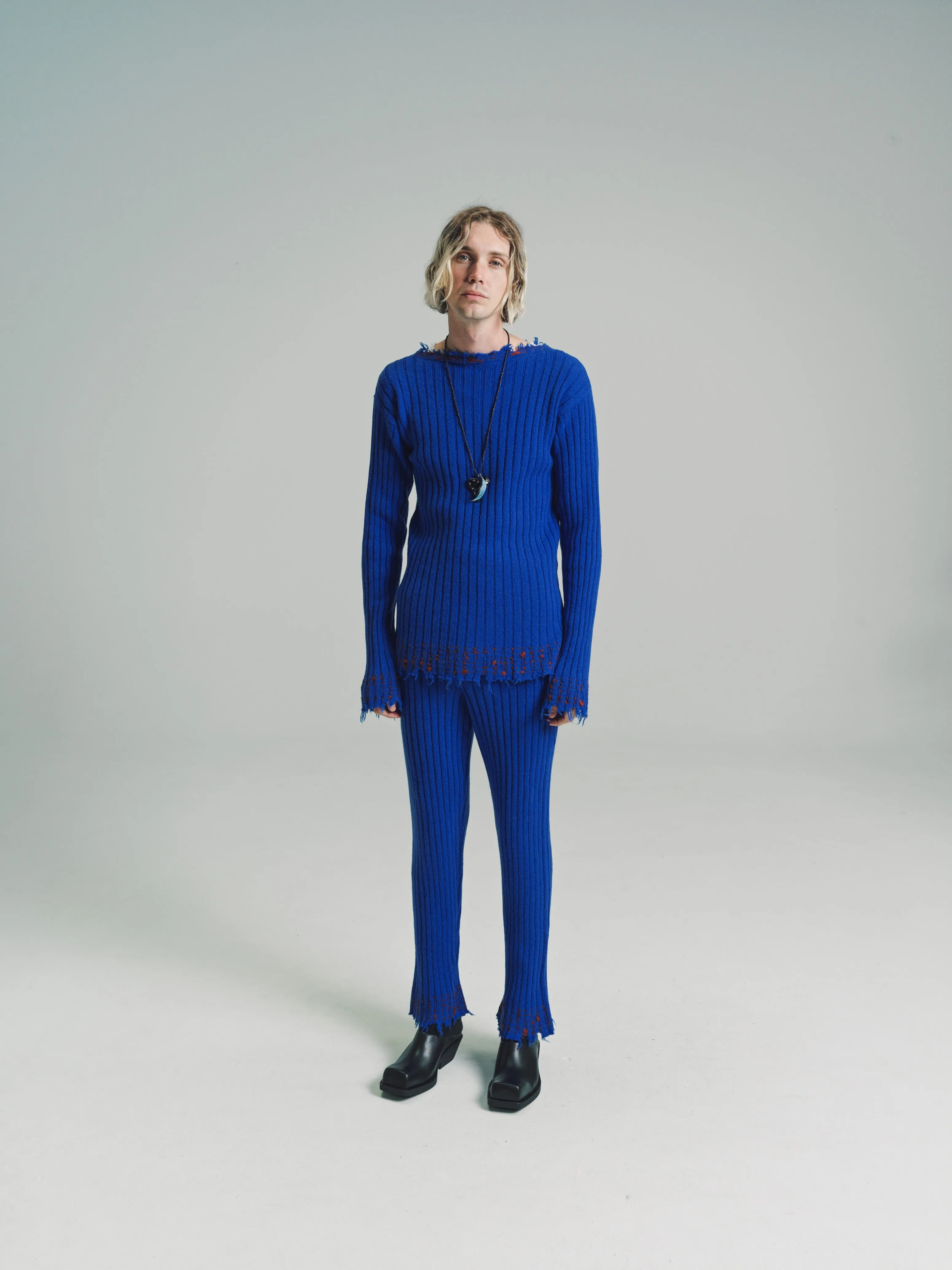 Astral Blue Wool Soft Ribbed Mending Sweater