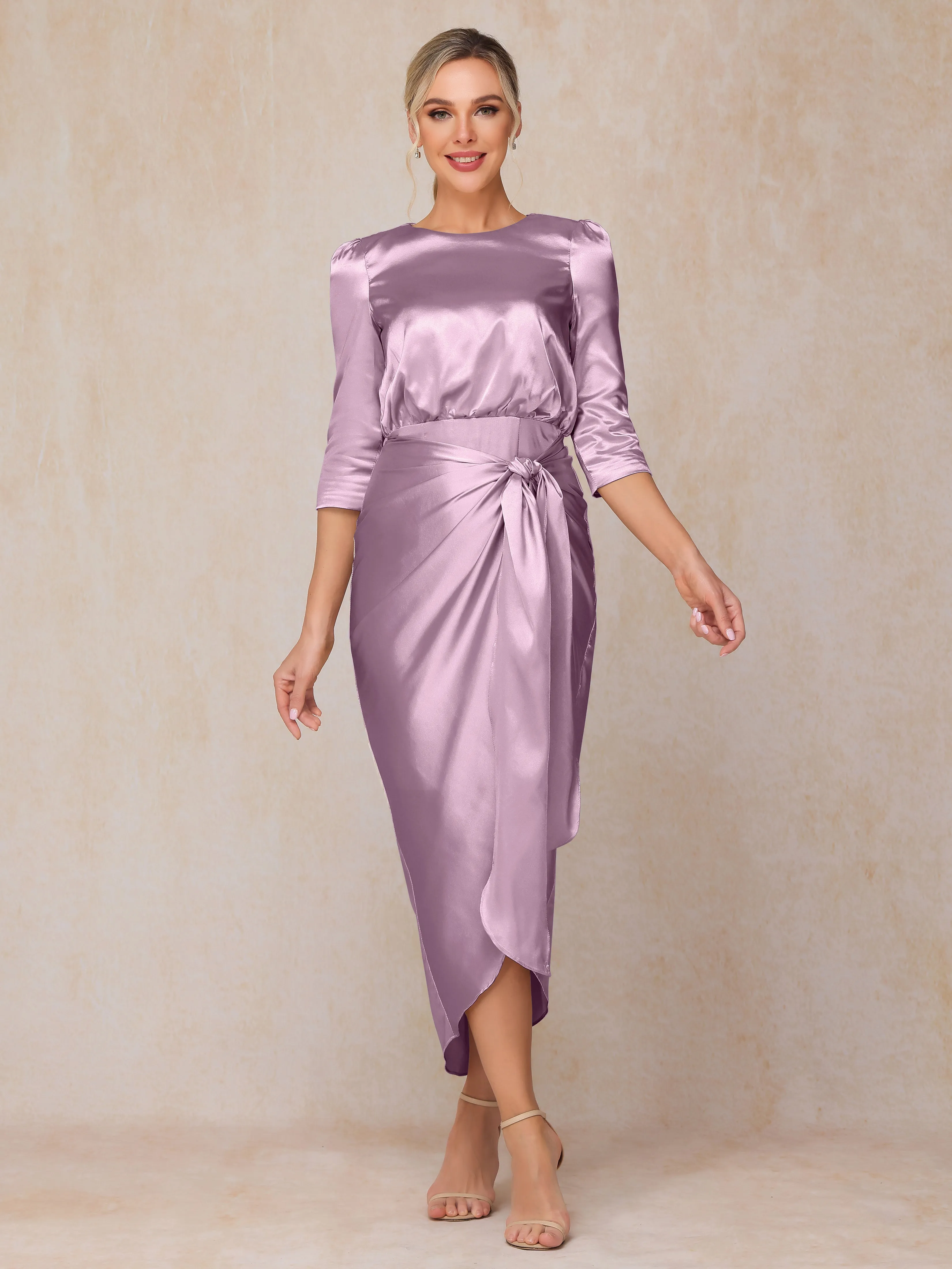 Asymmetrical Scoop 3/4 Length Sleeves Soft Satin Wedding Guest Dresses