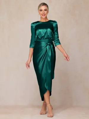 Asymmetrical Scoop 3/4 Length Sleeves Soft Satin Wedding Guest Dresses