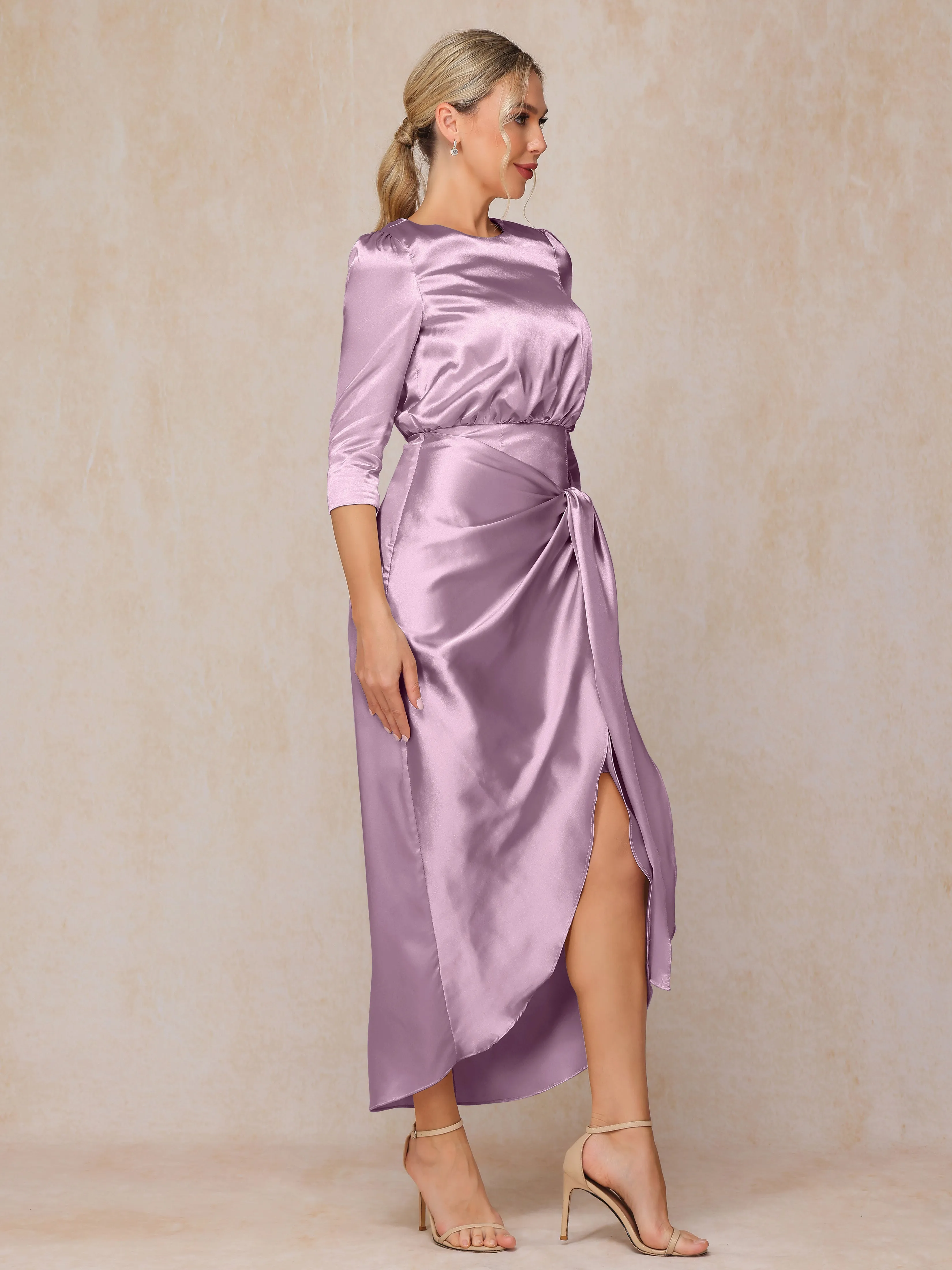 Asymmetrical Scoop 3/4 Length Sleeves Soft Satin Wedding Guest Dresses