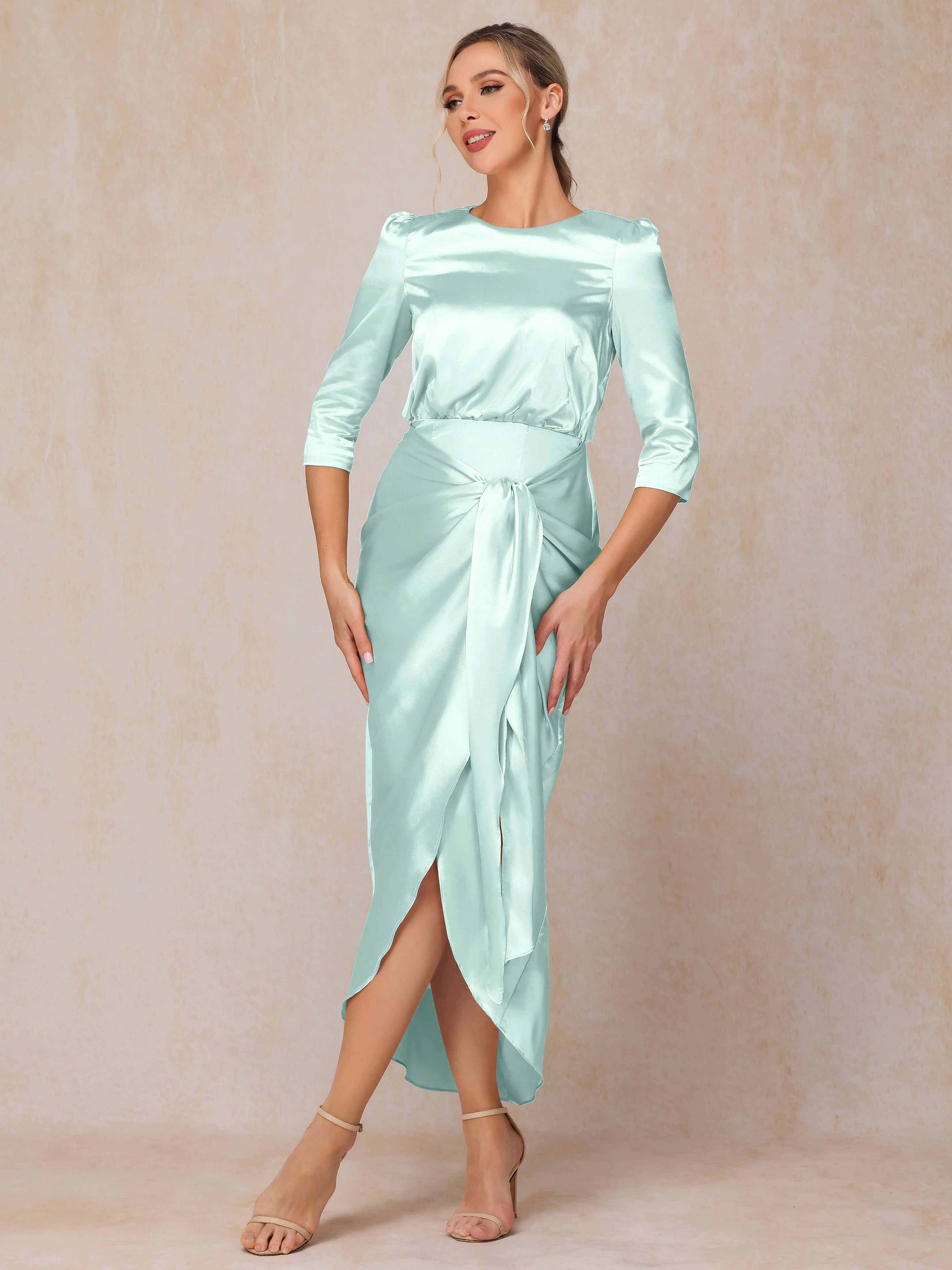 Asymmetrical Scoop 3/4 Length Sleeves Soft Satin Wedding Guest Dresses