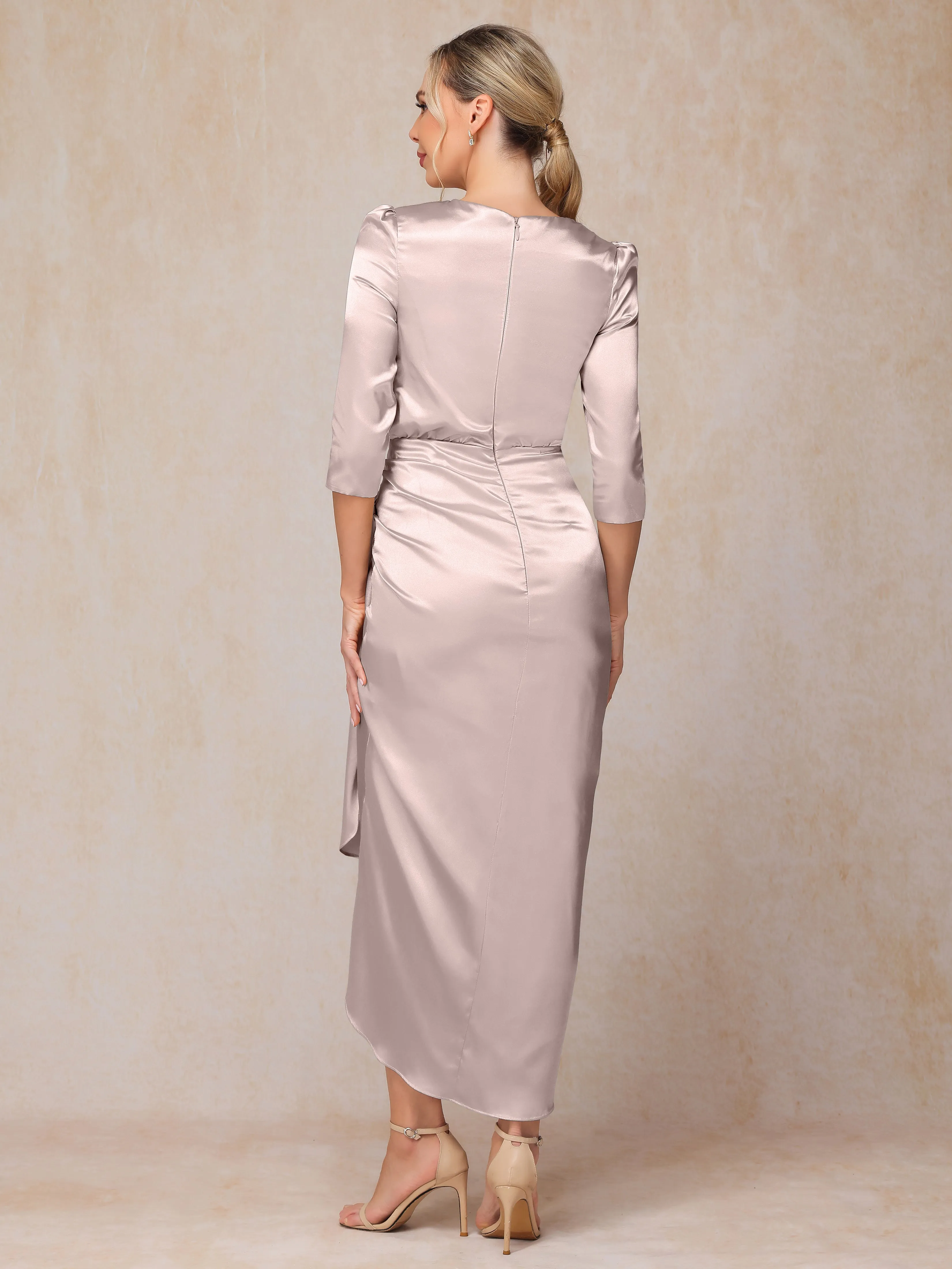 Asymmetrical Scoop 3/4 Length Sleeves Soft Satin Wedding Guest Dresses