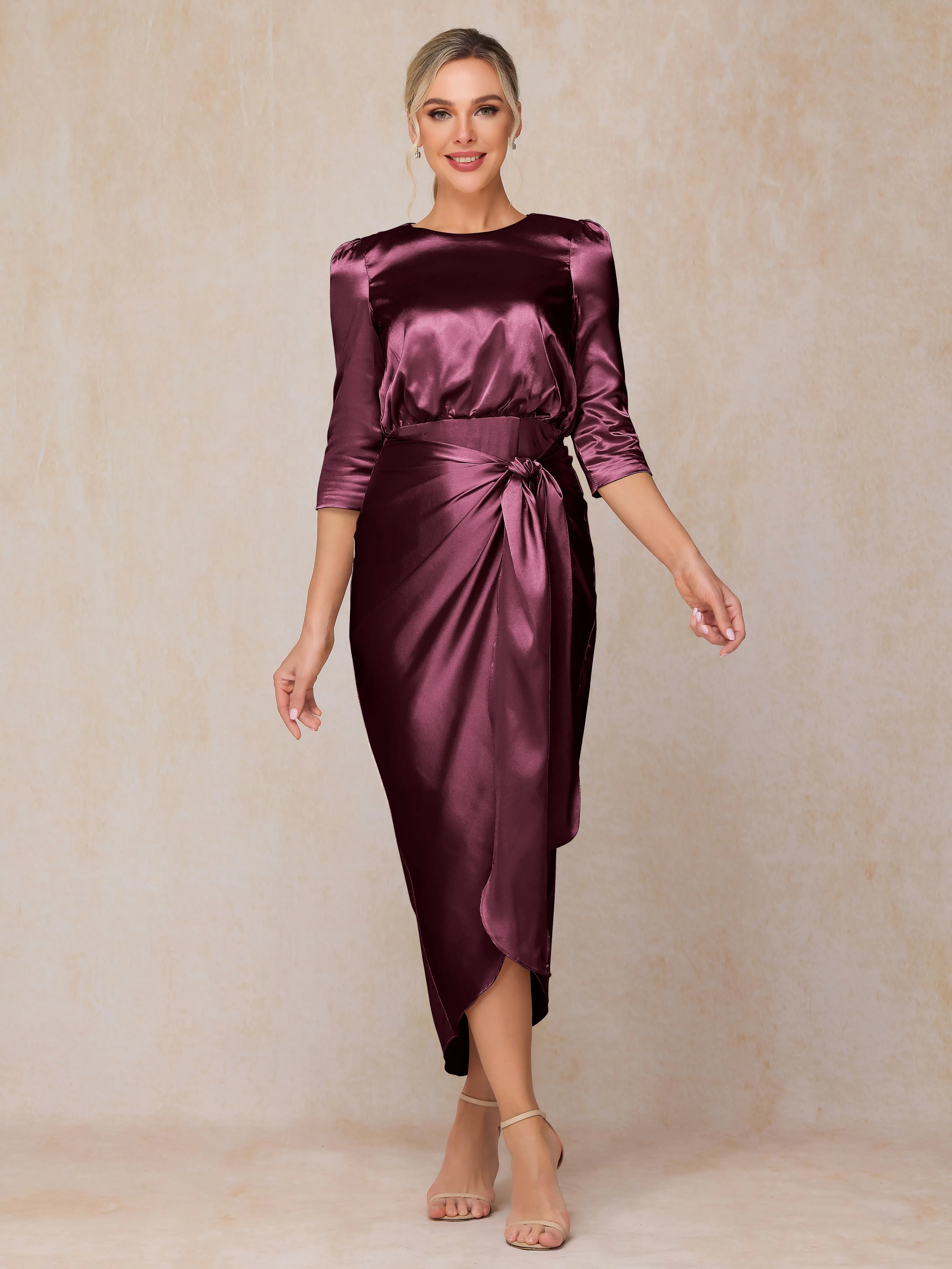 Asymmetrical Scoop 3/4 Length Sleeves Soft Satin Wedding Guest Dresses