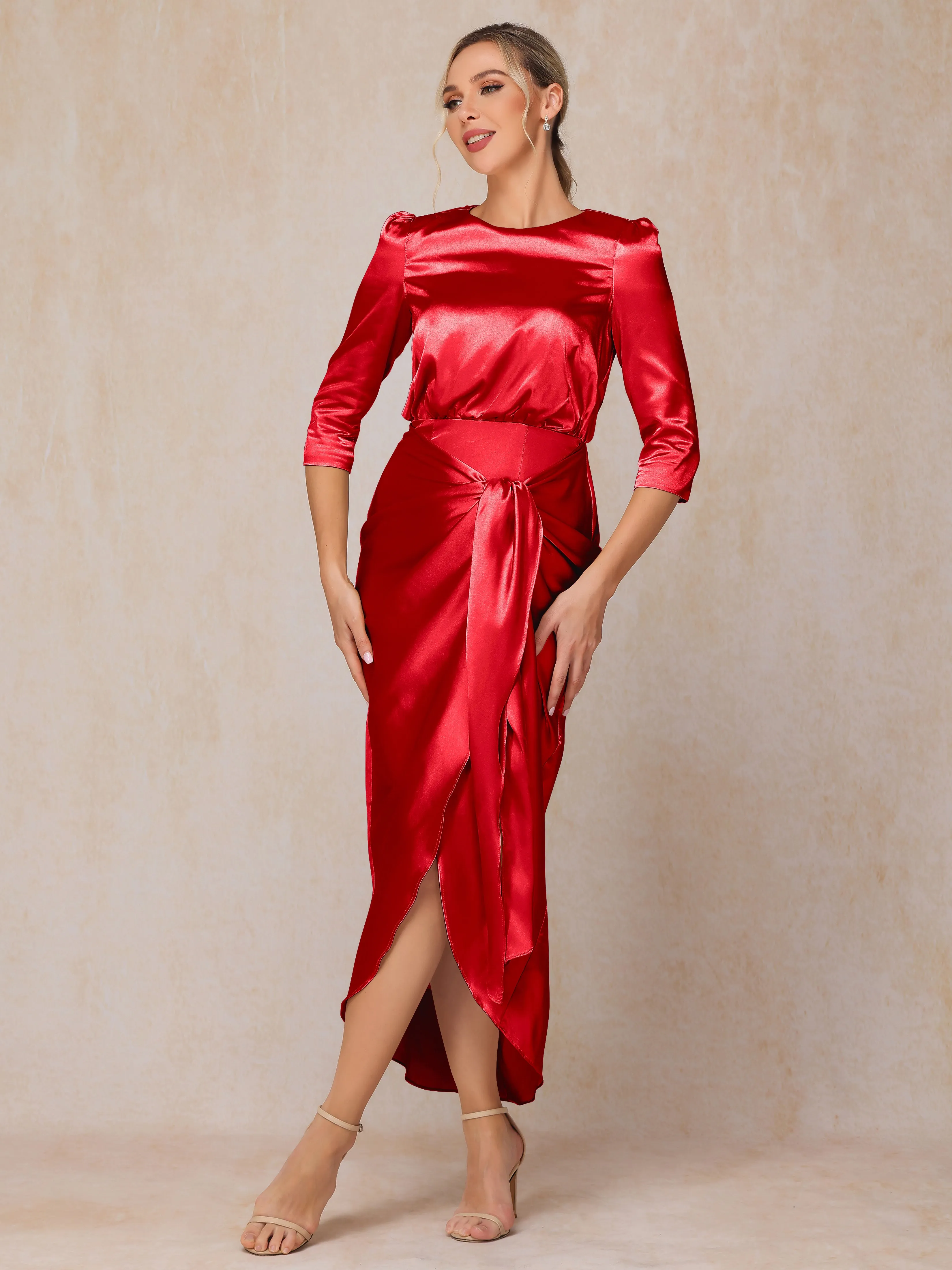 Asymmetrical Scoop 3/4 Length Sleeves Soft Satin Wedding Guest Dresses