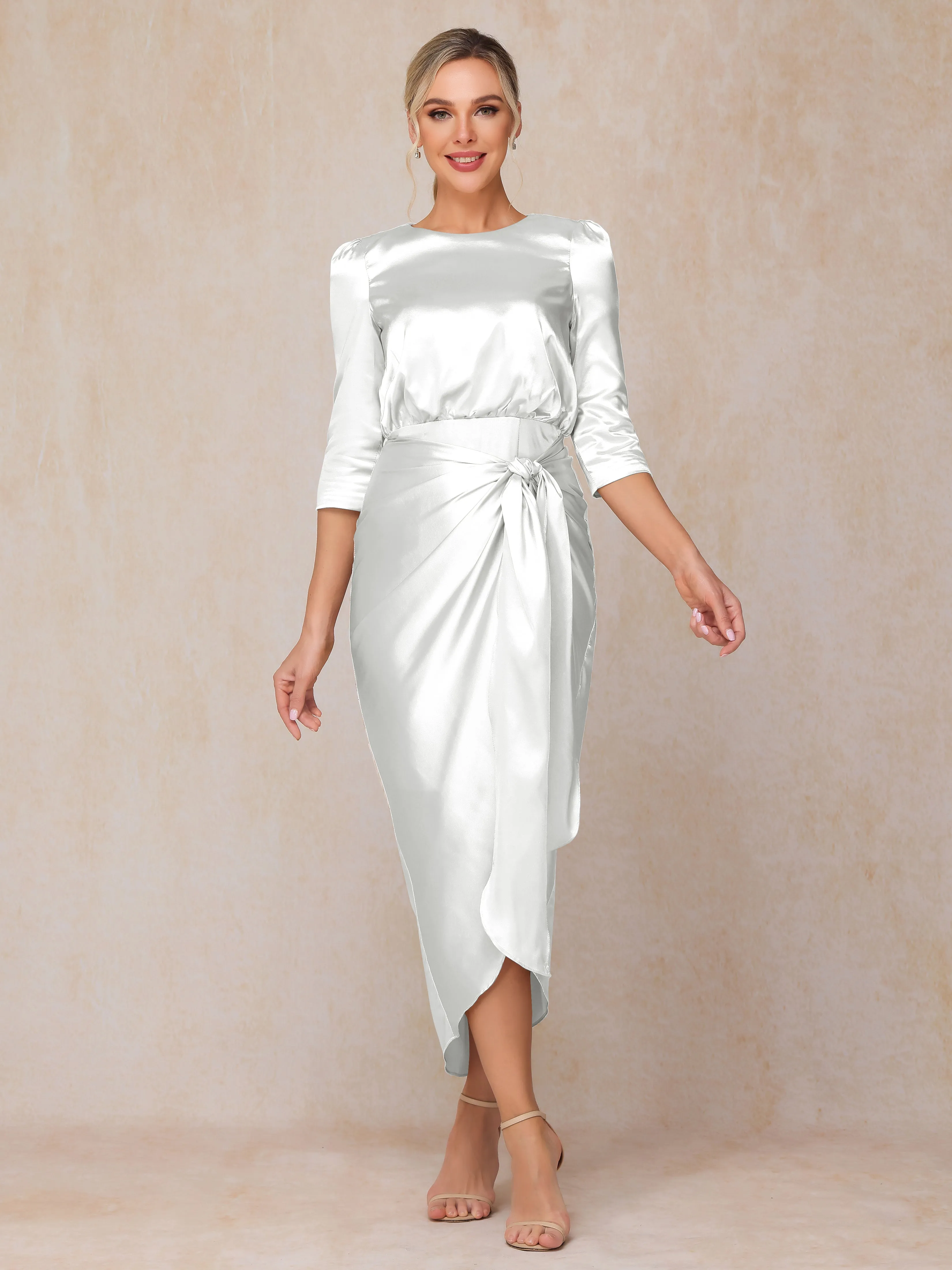 Asymmetrical Scoop 3/4 Length Sleeves Soft Satin Wedding Guest Dresses