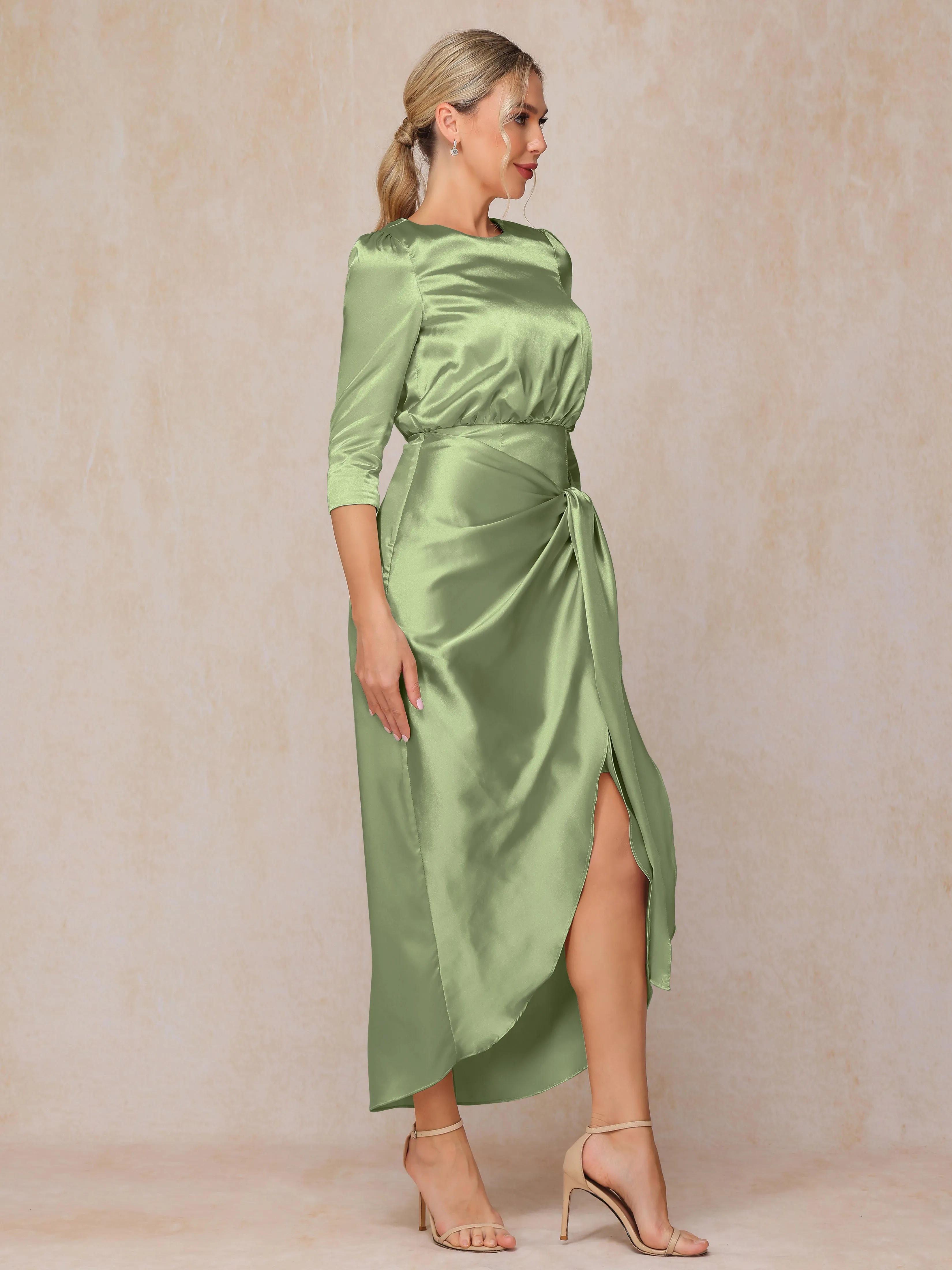 Asymmetrical Scoop 3/4 Length Sleeves Soft Satin Wedding Guest Dresses