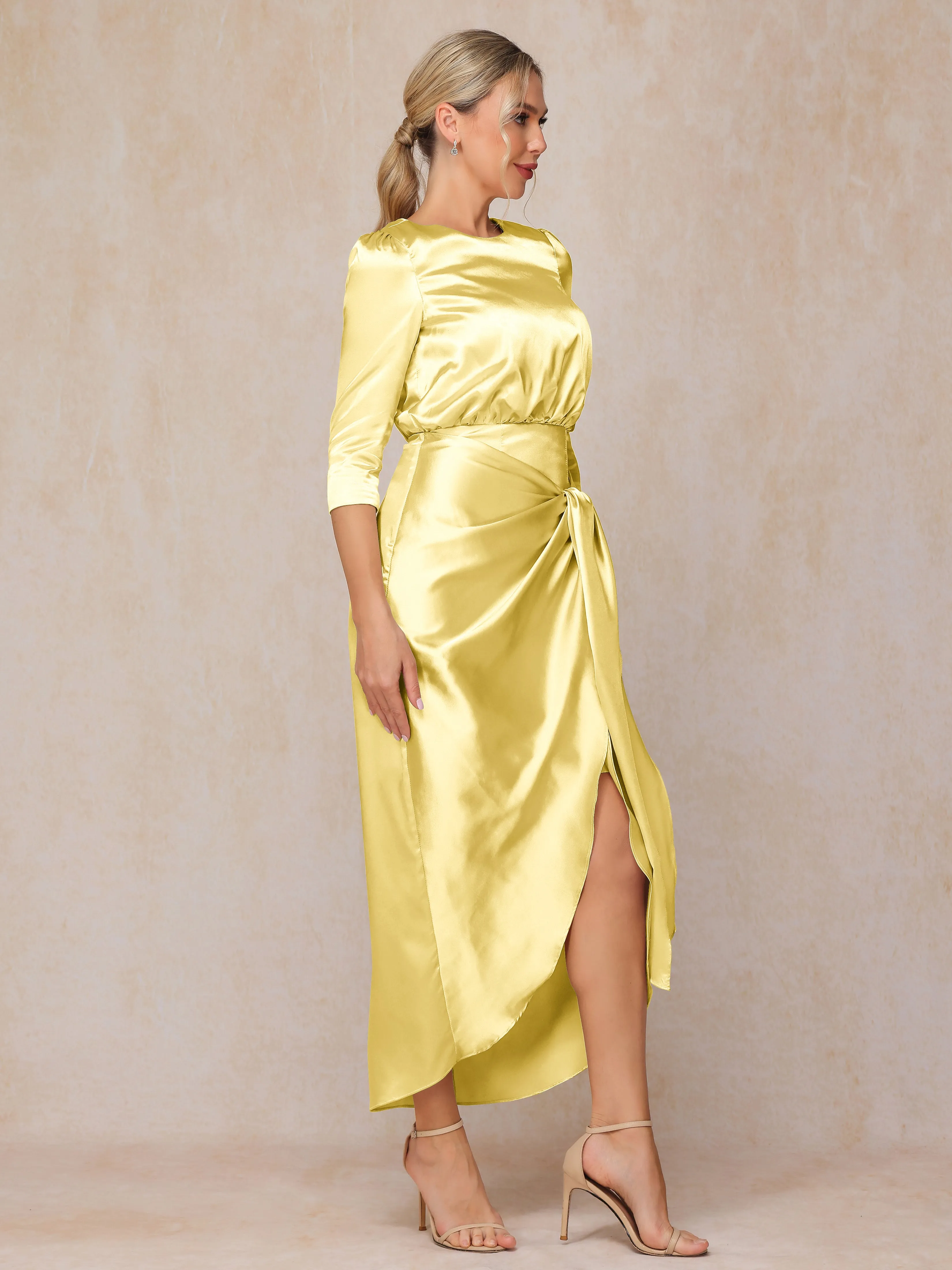 Asymmetrical Scoop 3/4 Length Sleeves Soft Satin Wedding Guest Dresses