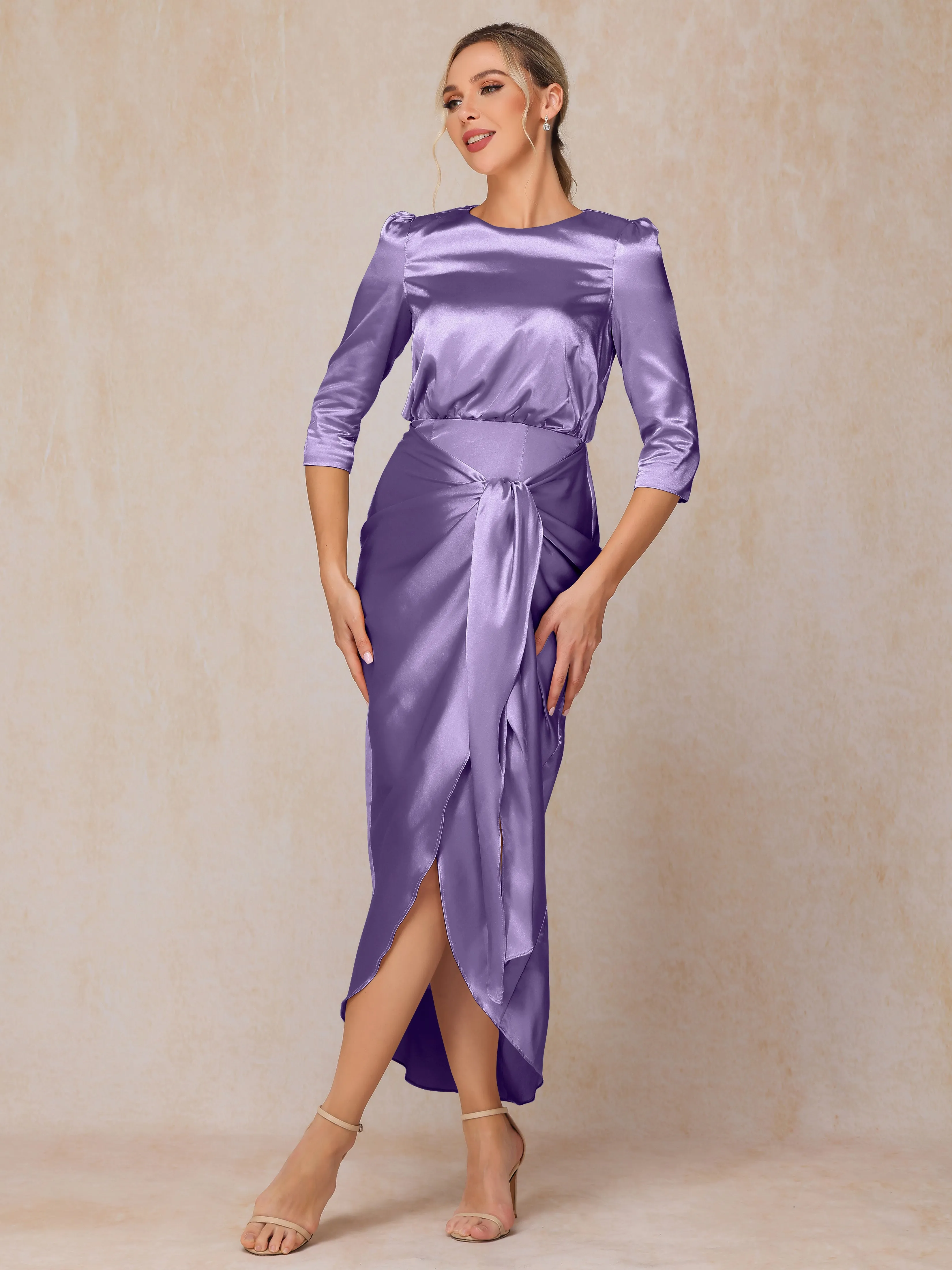 Asymmetrical Scoop 3/4 Length Sleeves Soft Satin Wedding Guest Dresses