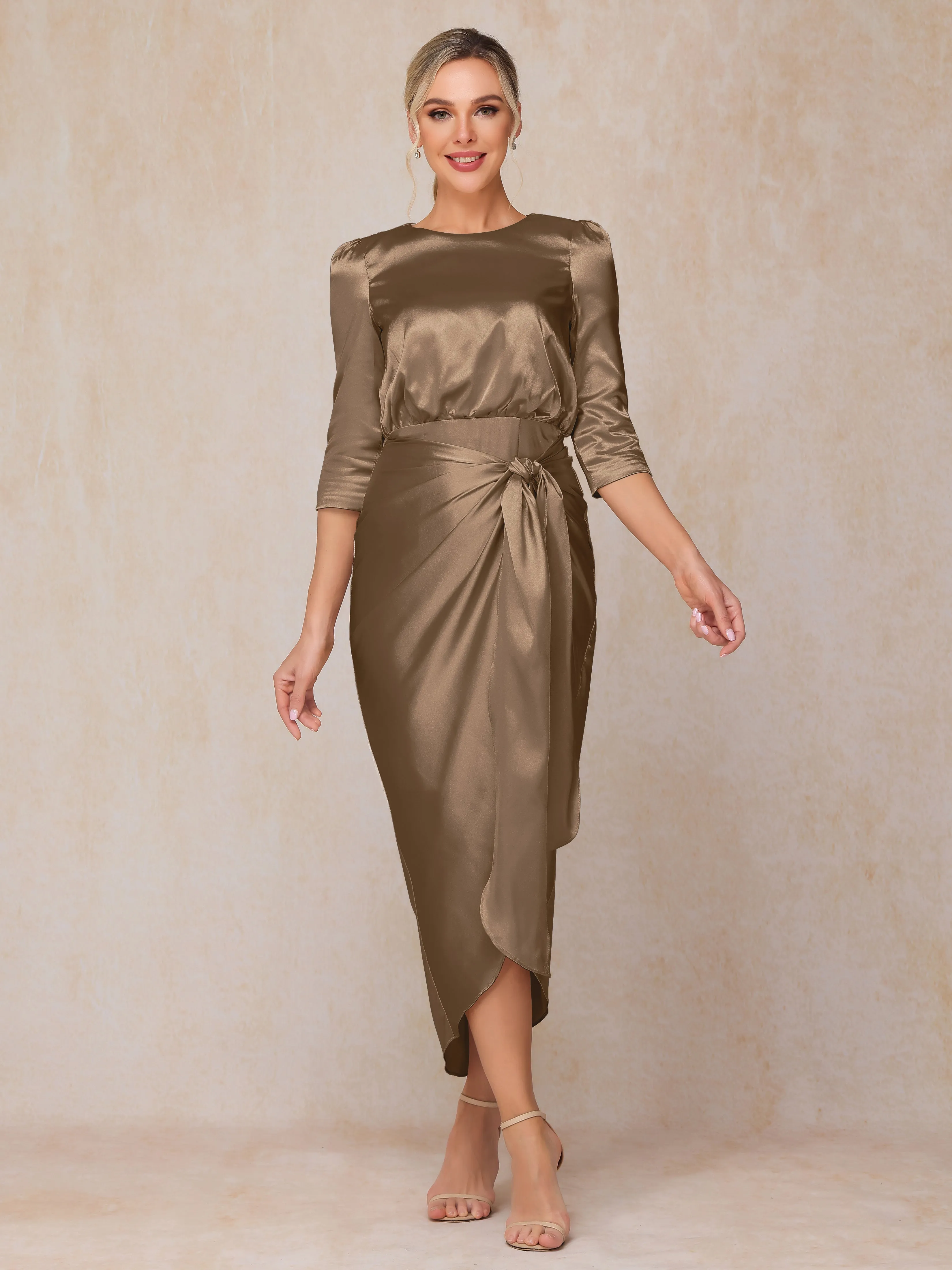 Asymmetrical Scoop 3/4 Length Sleeves Soft Satin Wedding Guest Dresses