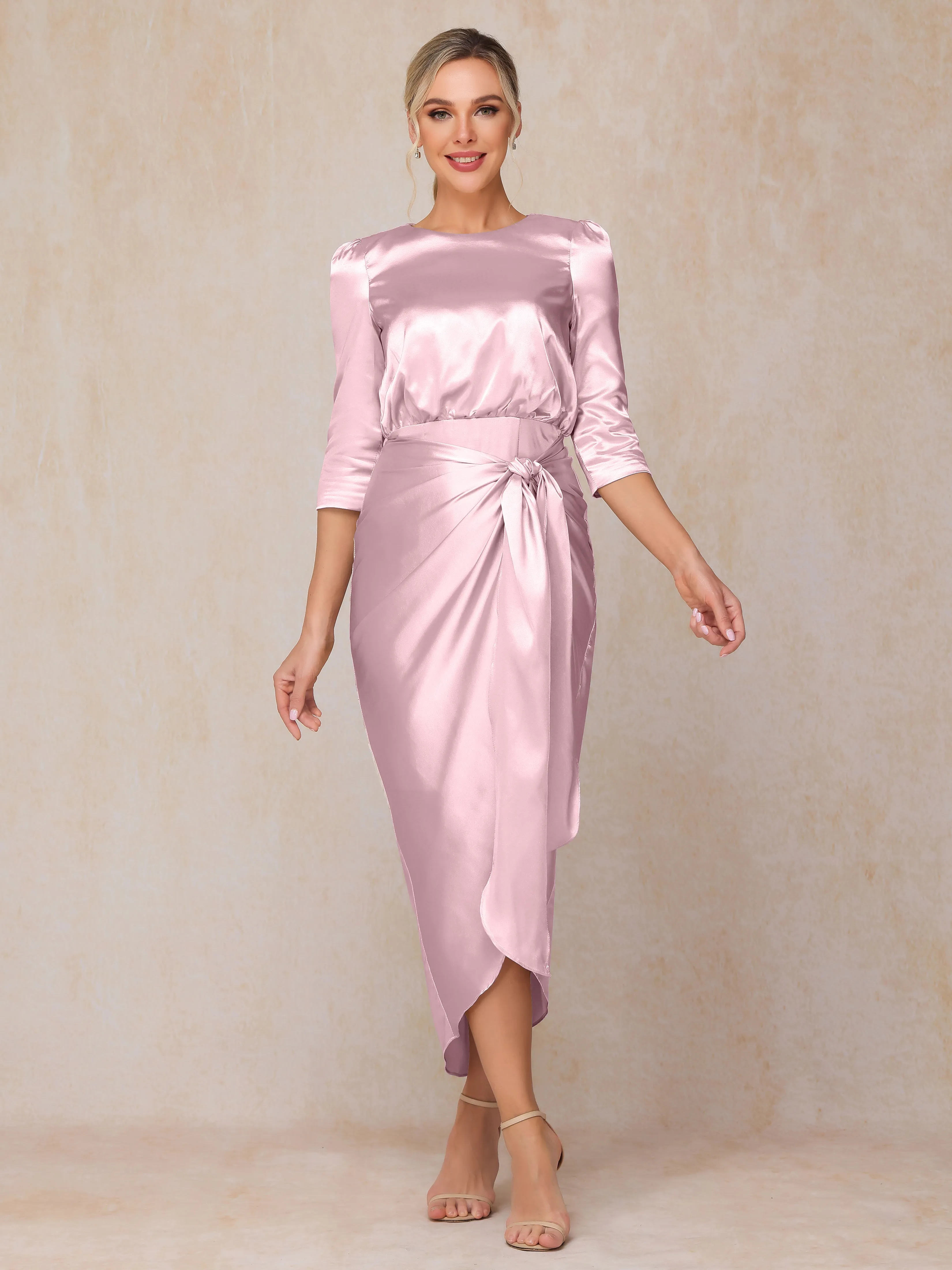 Asymmetrical Scoop 3/4 Length Sleeves Soft Satin Wedding Guest Dresses