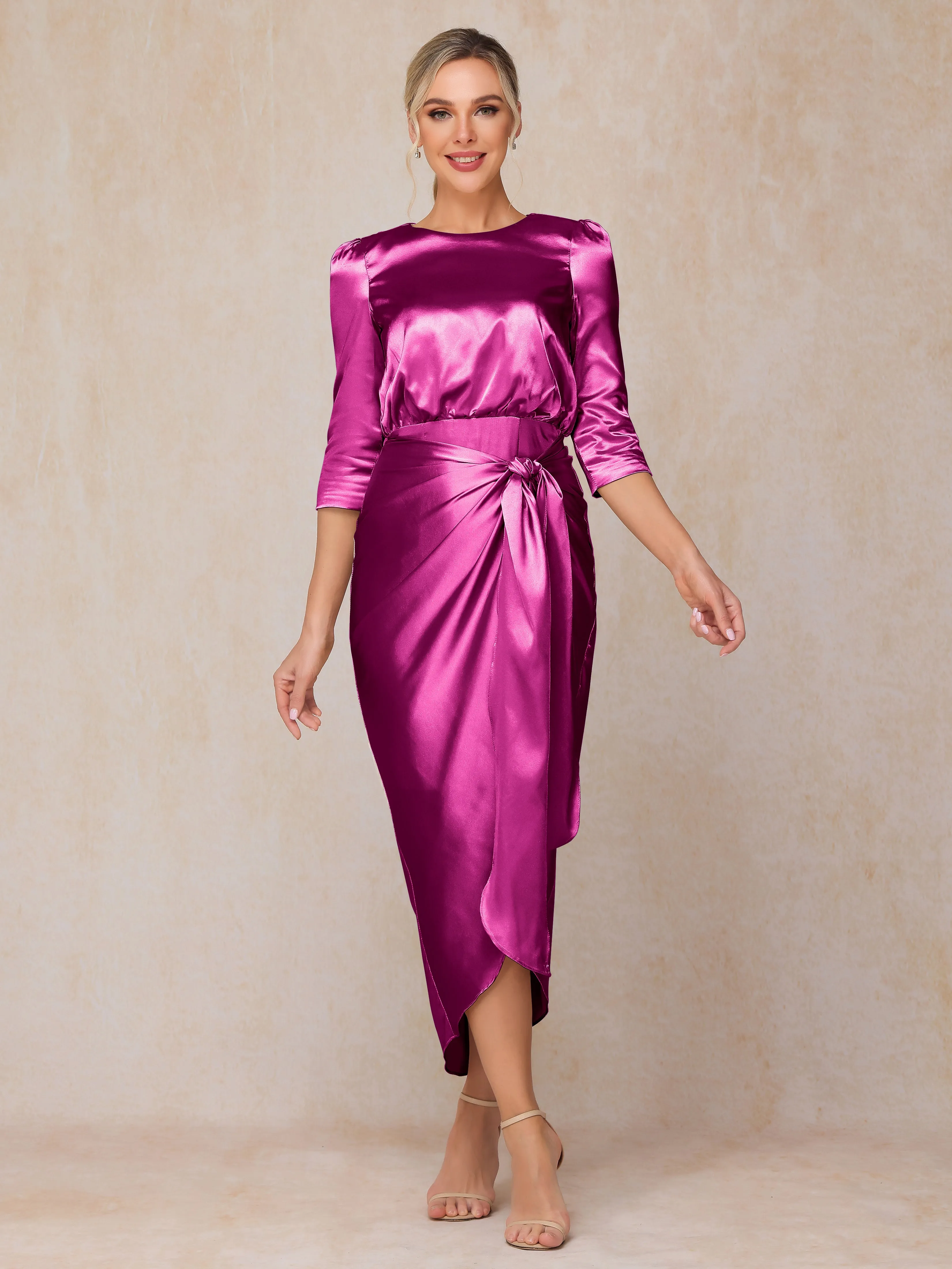 Asymmetrical Scoop 3/4 Length Sleeves Soft Satin Wedding Guest Dresses