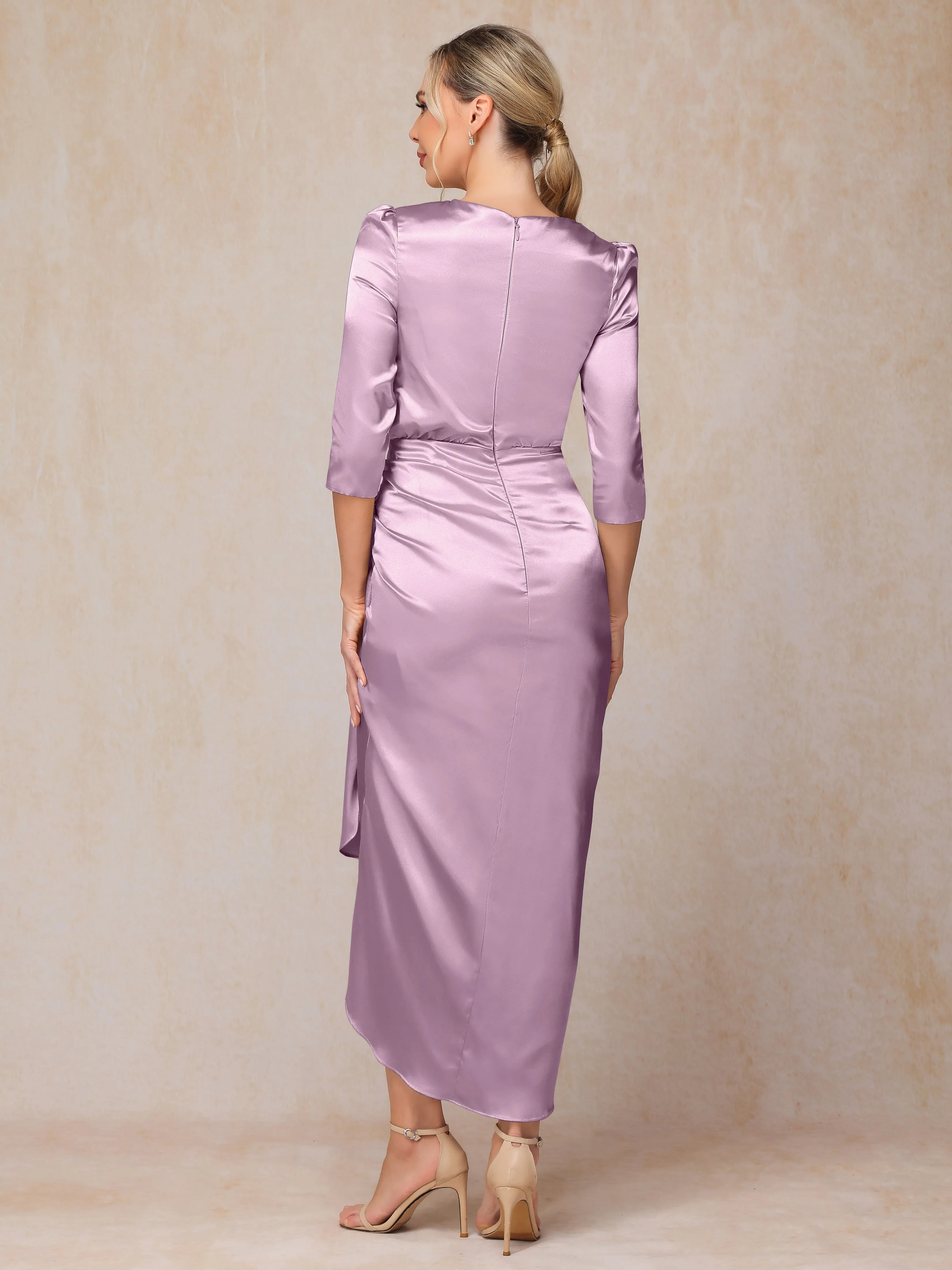 Asymmetrical Scoop 3/4 Length Sleeves Soft Satin Wedding Guest Dresses