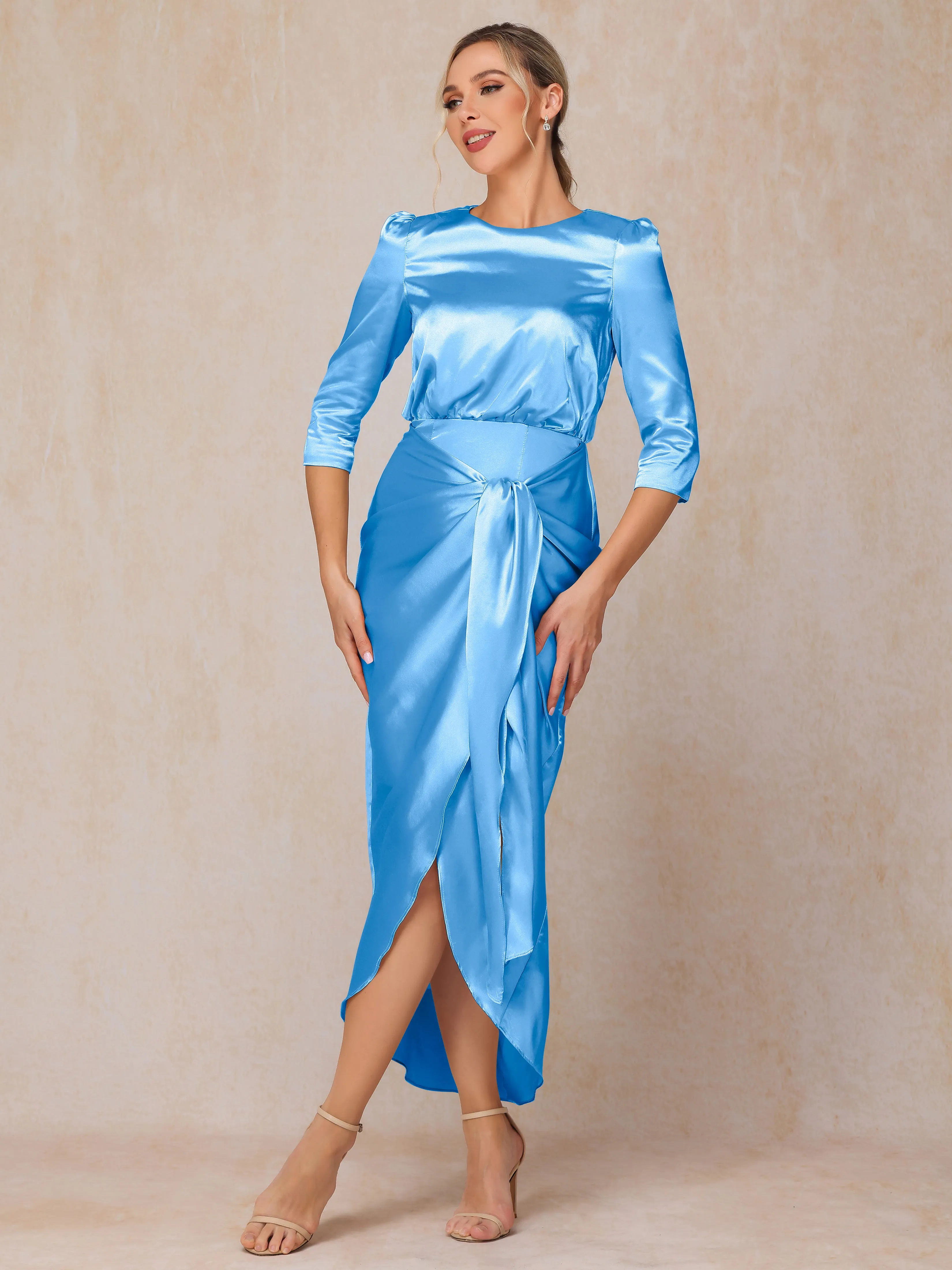 Asymmetrical Scoop 3/4 Length Sleeves Soft Satin Wedding Guest Dresses