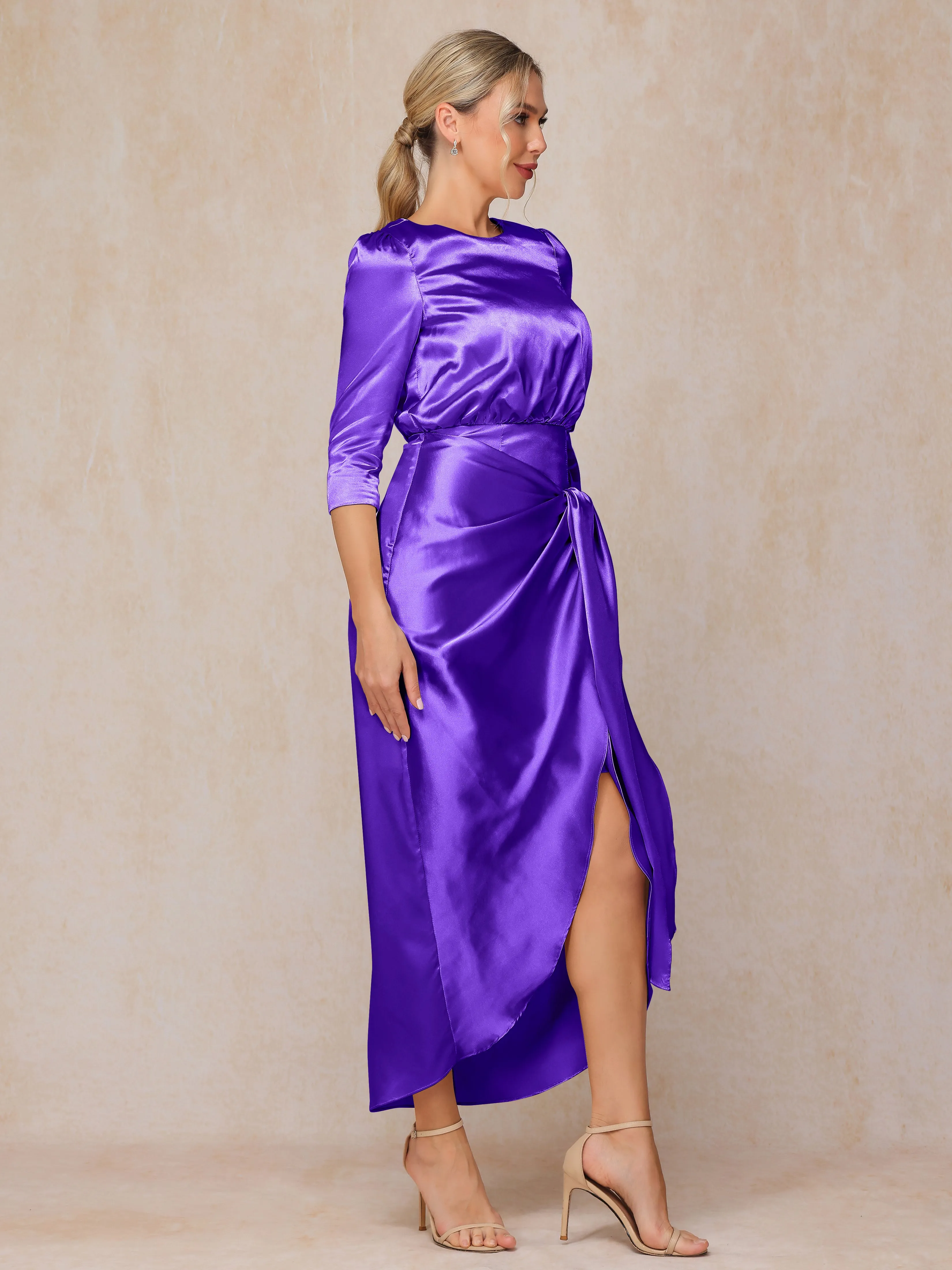 Asymmetrical Scoop 3/4 Length Sleeves Soft Satin Wedding Guest Dresses