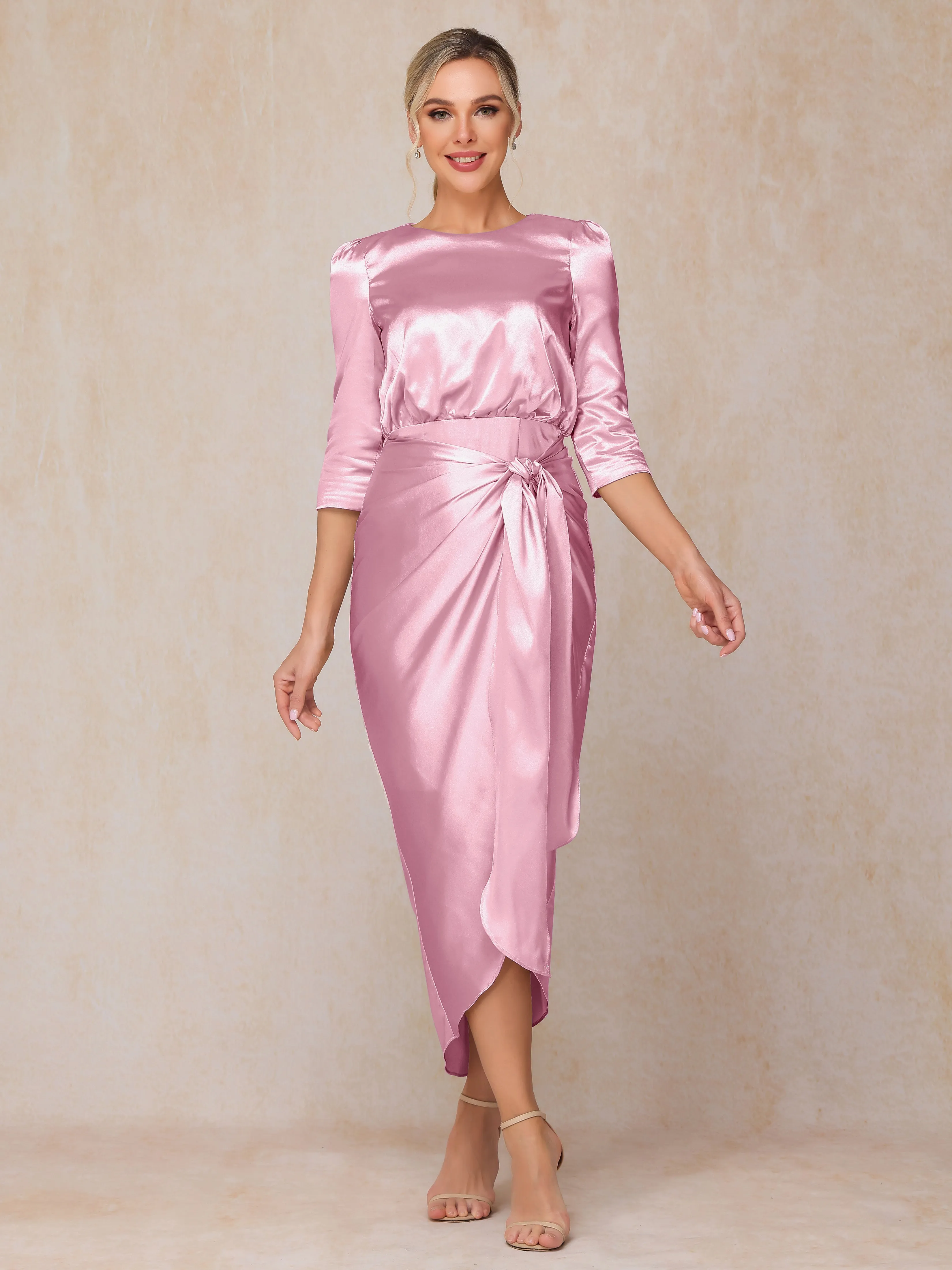 Asymmetrical Scoop 3/4 Length Sleeves Soft Satin Wedding Guest Dresses