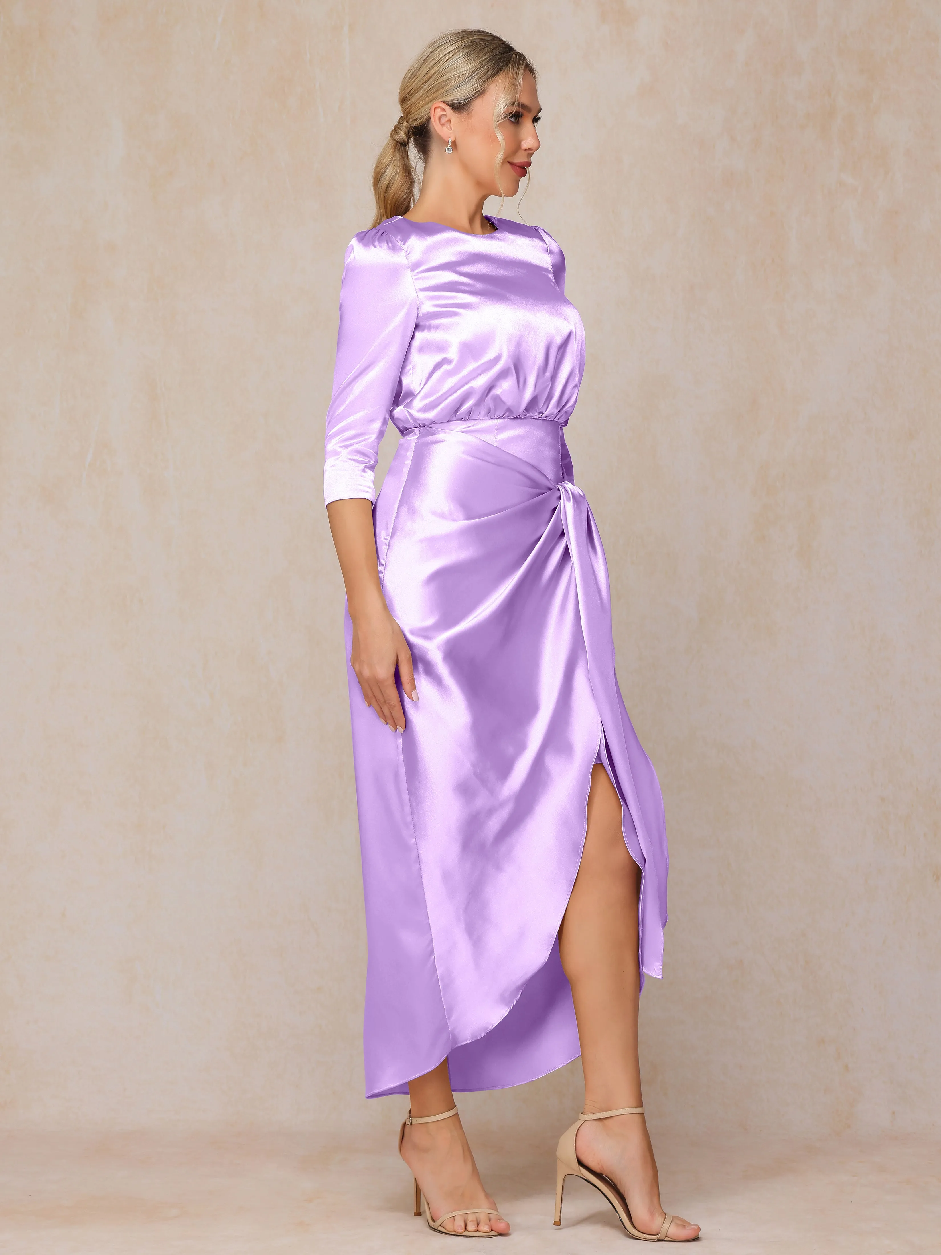 Asymmetrical Scoop 3/4 Length Sleeves Soft Satin Wedding Guest Dresses