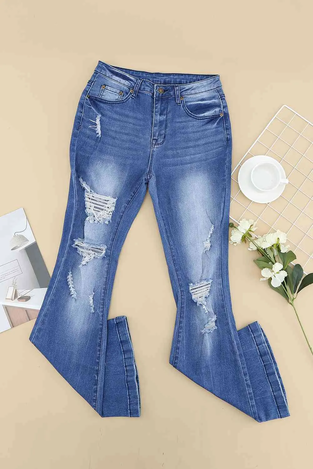 Baeful Distressed Flare Leg Jeans with Pockets