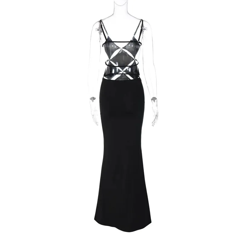 Black Hollow Out Slip Sexy Summer Sleeveless Backless Bodycon Evening Party Maxi Dress