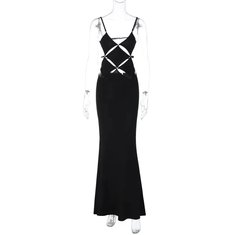 Black Hollow Out Slip Sexy Summer Sleeveless Backless Bodycon Evening Party Maxi Dress