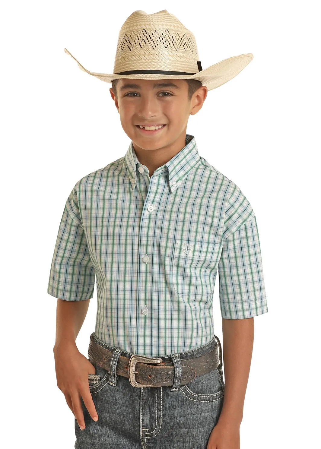 Boy's Panhandle Short Sleeve Aqua Check Short Sleeve Button Down Shirt