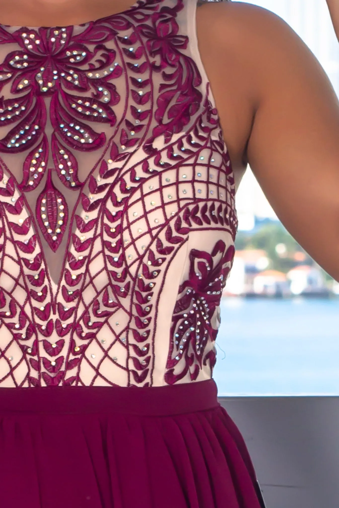 Burgundy Mesh Top Maxi Dress with Sequins