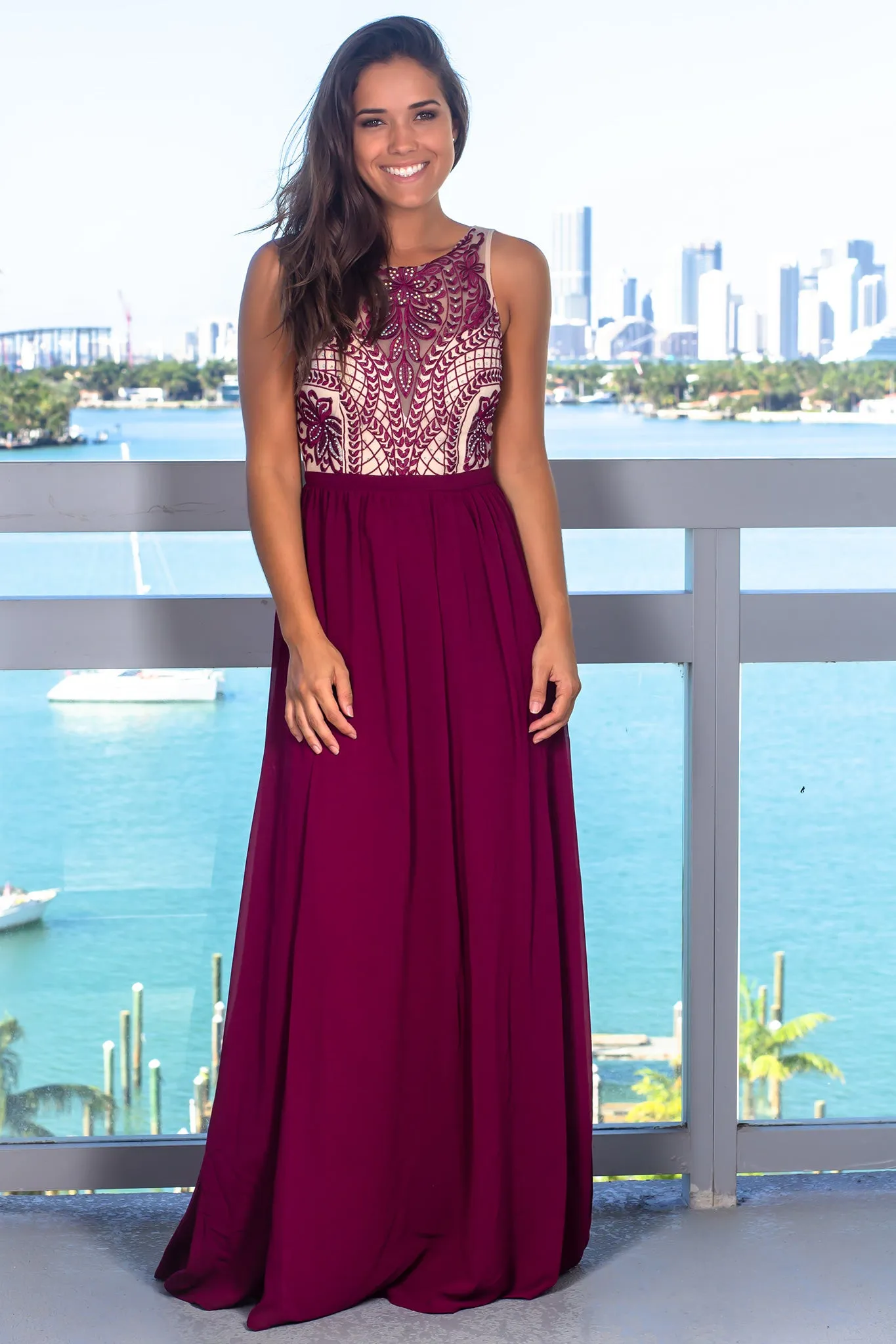 Burgundy Mesh Top Maxi Dress with Sequins