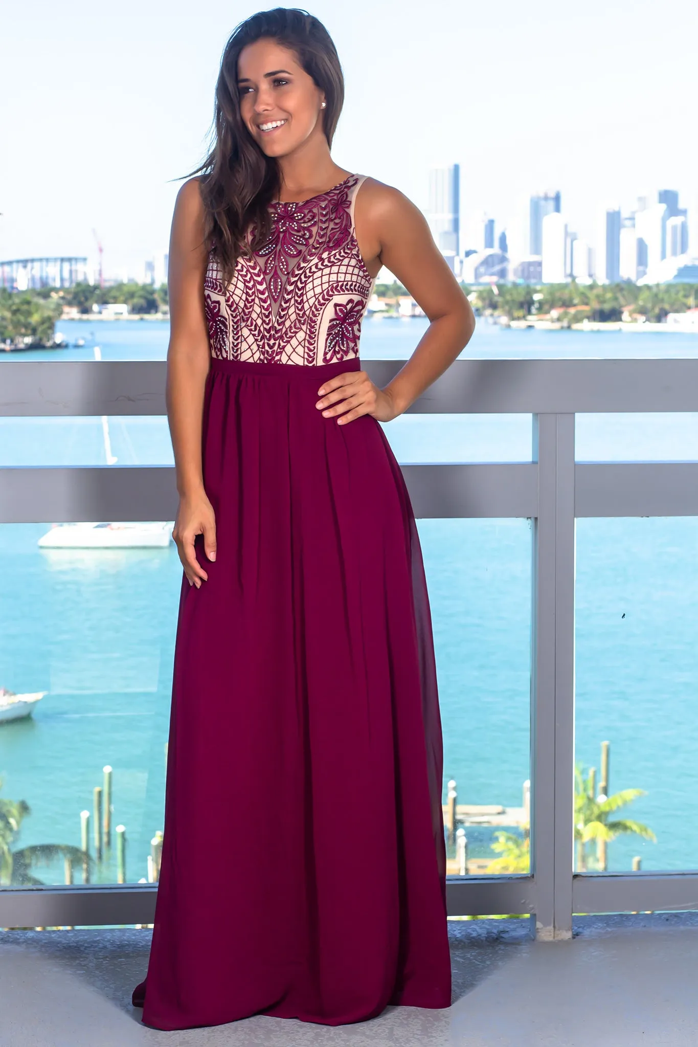 Burgundy Mesh Top Maxi Dress with Sequins