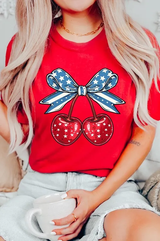 Cherry Coquette USA Bow Graphic T Shirt