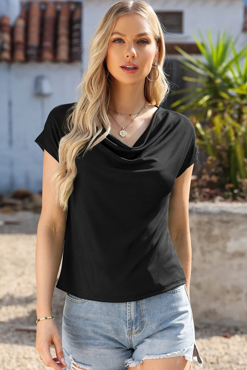 Cowl Neck Short Sleeve T-Shirt Solid Color Plain Women's Casual Loose Fit Blouse KESLEY