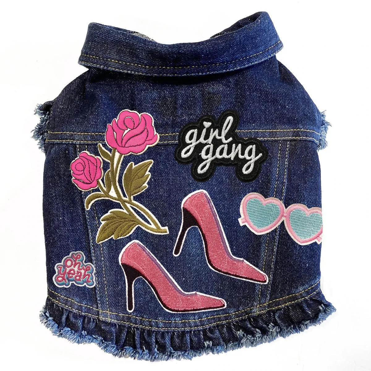 Custom Pink High Heels Denim Dog Jacket With Ruffles