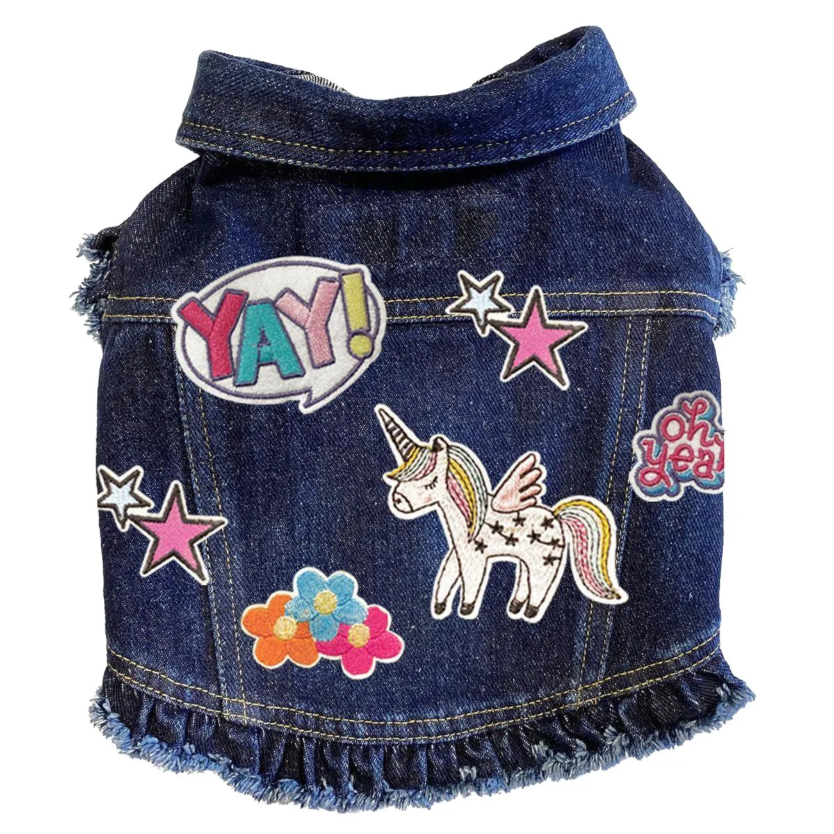 Custom Yay I'm A Unicorn Denim Dog Jacket With Ruffles