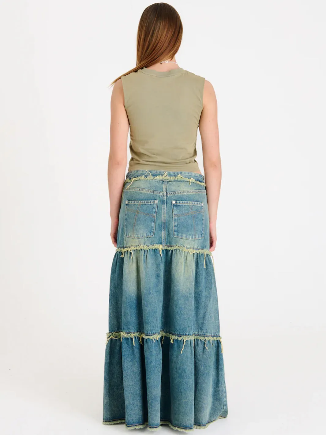 DIRTY WASH TIERED MAXI SKIRT