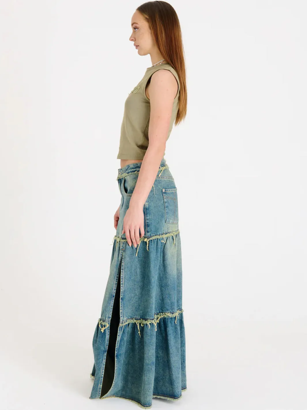 DIRTY WASH TIERED MAXI SKIRT