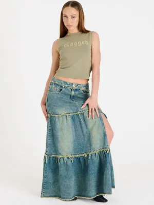 DIRTY WASH TIERED MAXI SKIRT