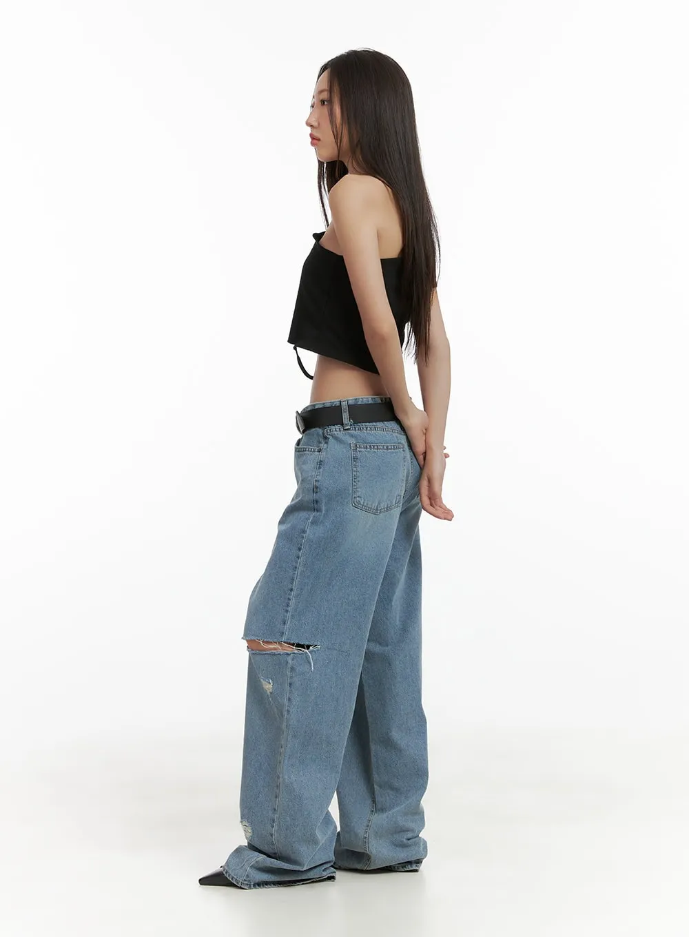 Distressed Cut-Out Wide Leg Jeans CL417