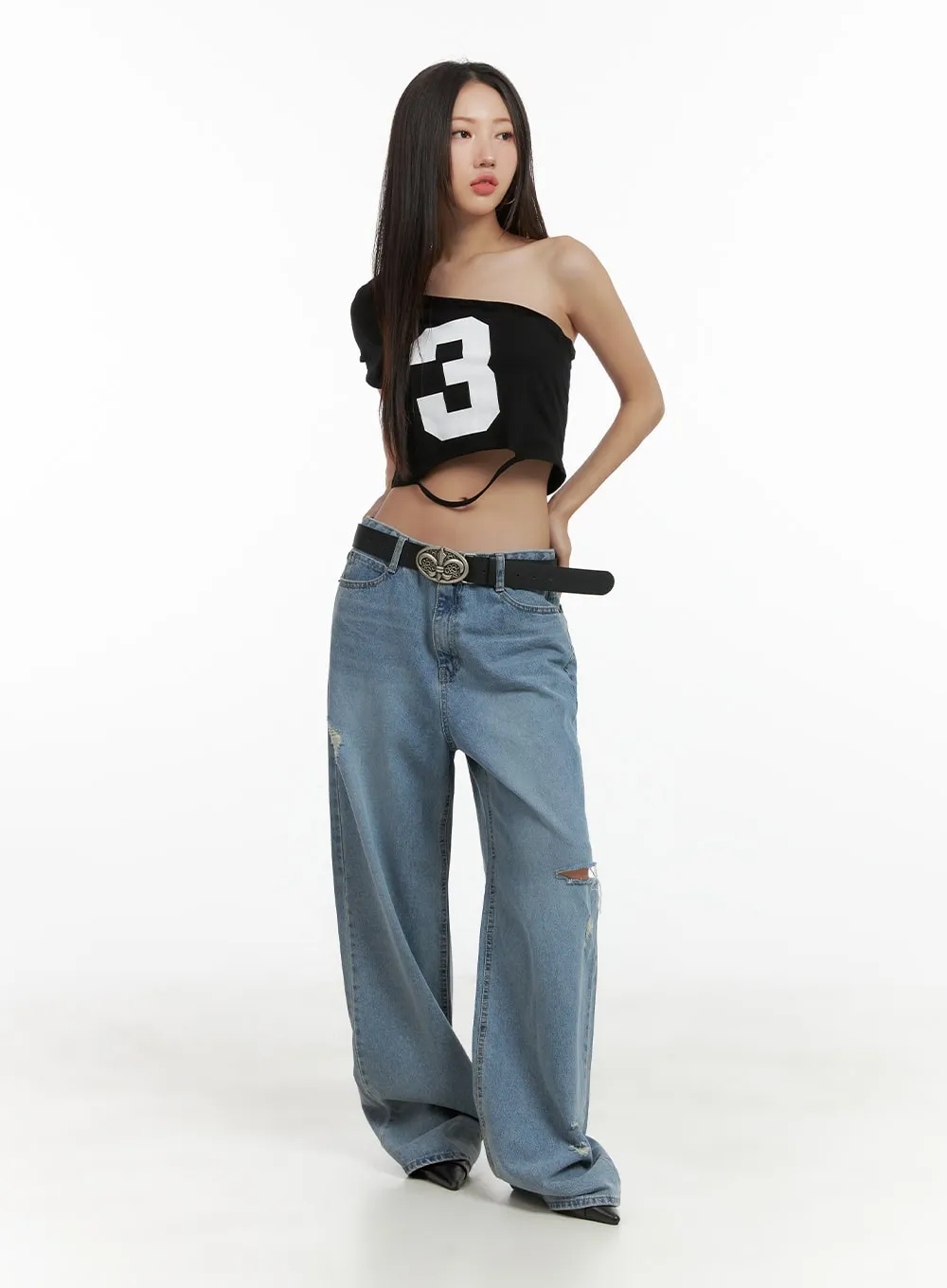 Distressed Cut-Out Wide Leg Jeans CL417